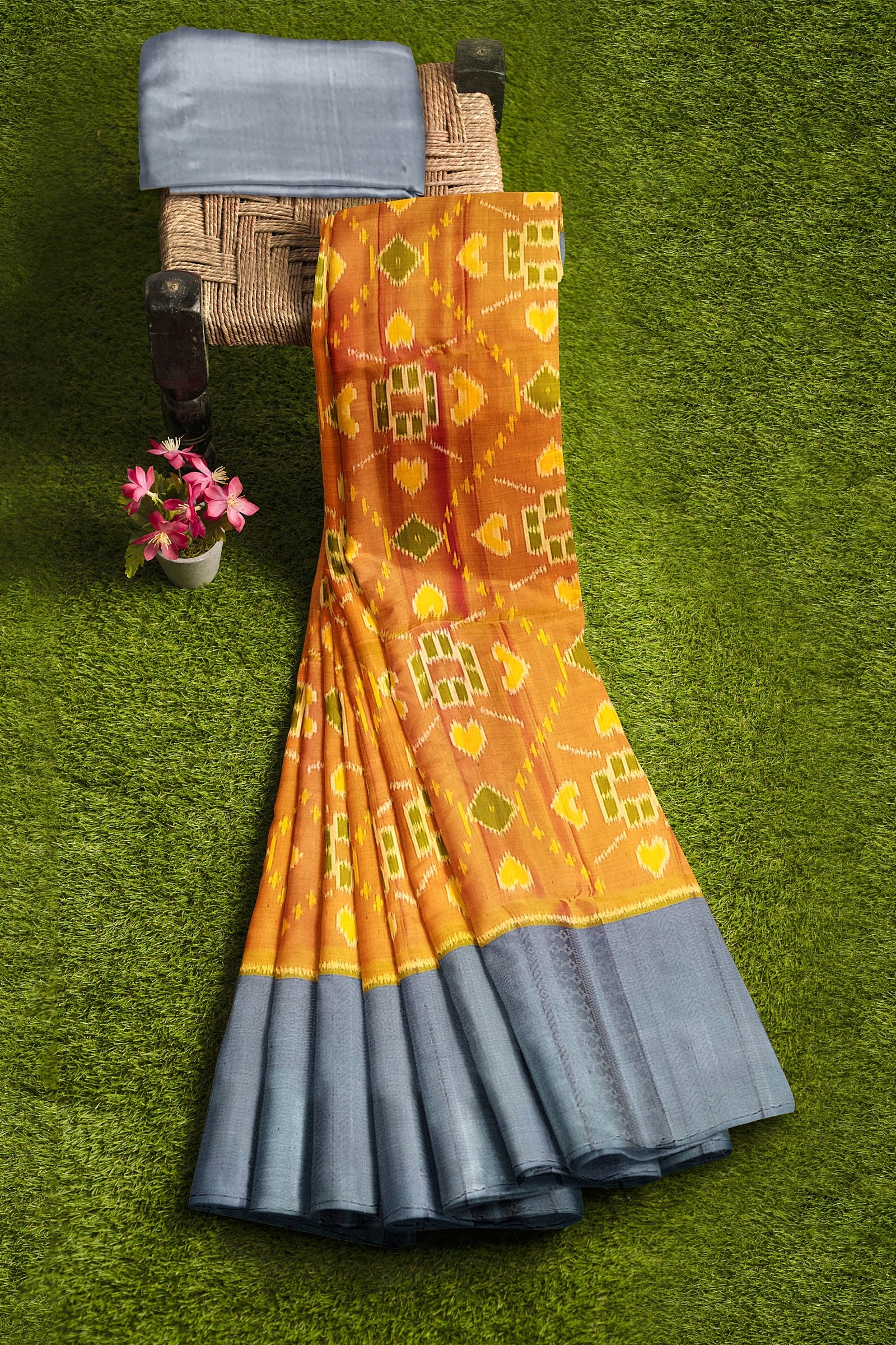 Mustard yellow with gray brocade patola soft silk saree