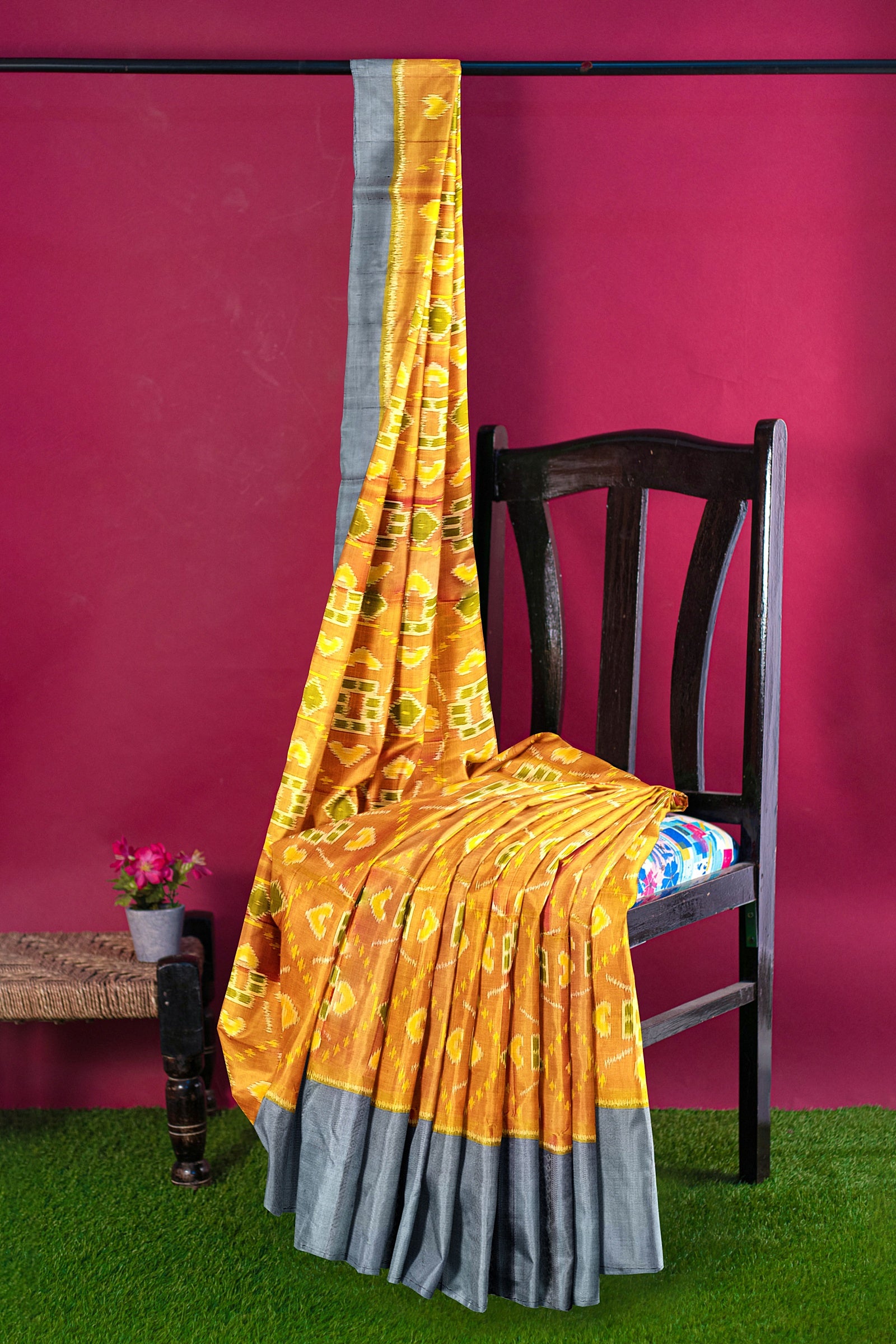 Mustard yellow with gray brocade patola soft silk saree