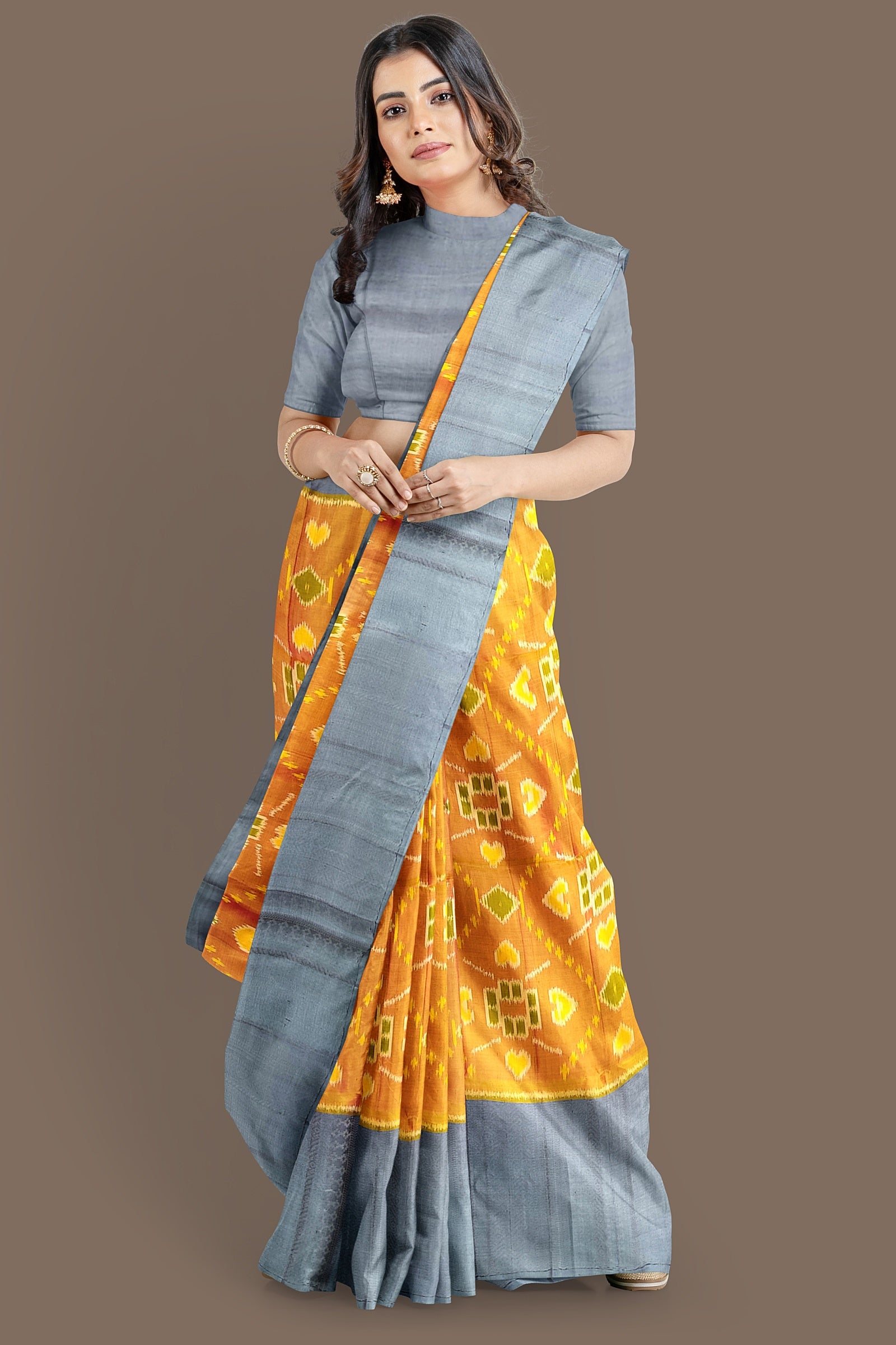 Mustard yellow with gray brocade patola soft silk saree