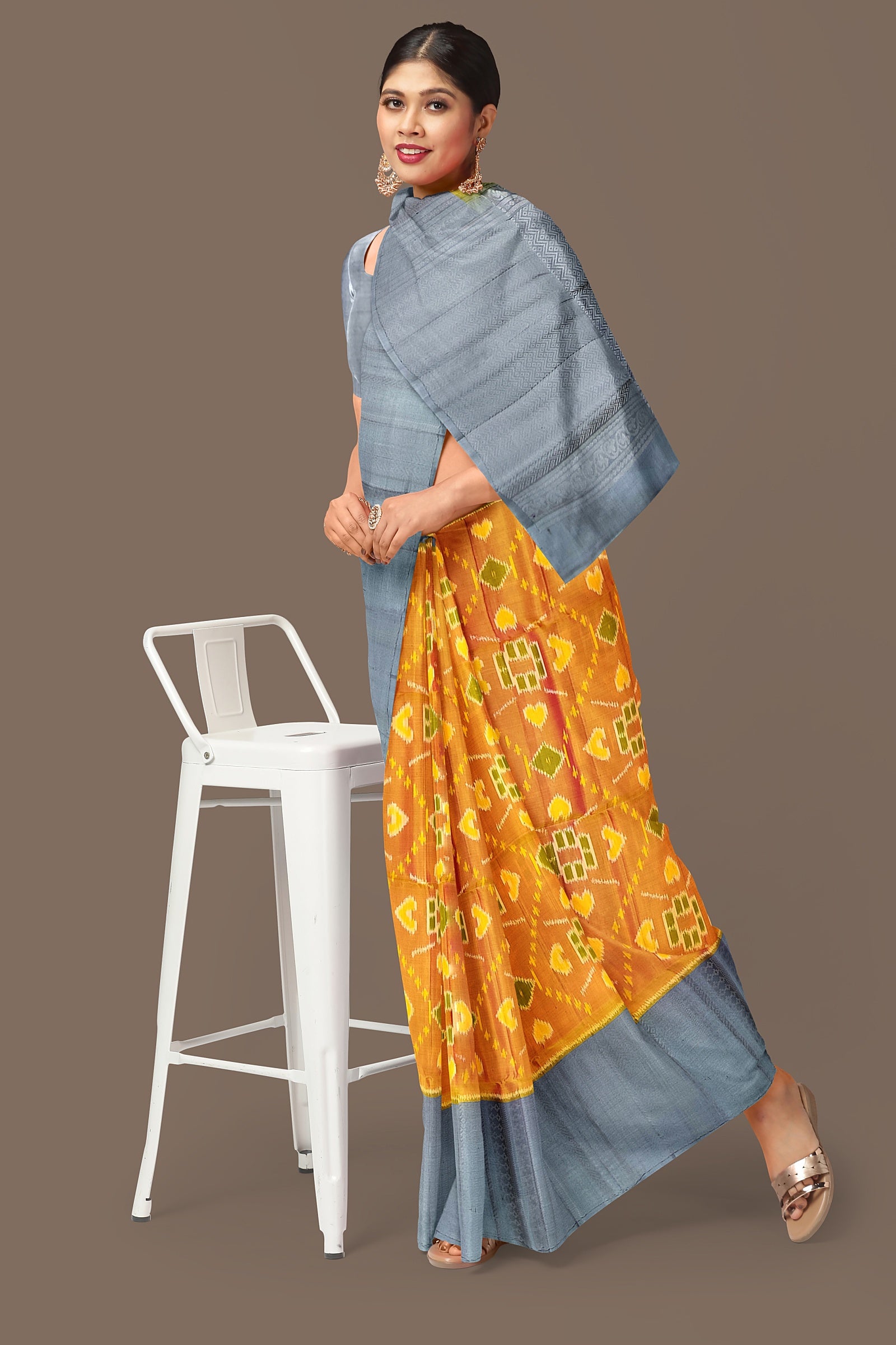 Mustard yellow with gray brocade patola soft silk saree