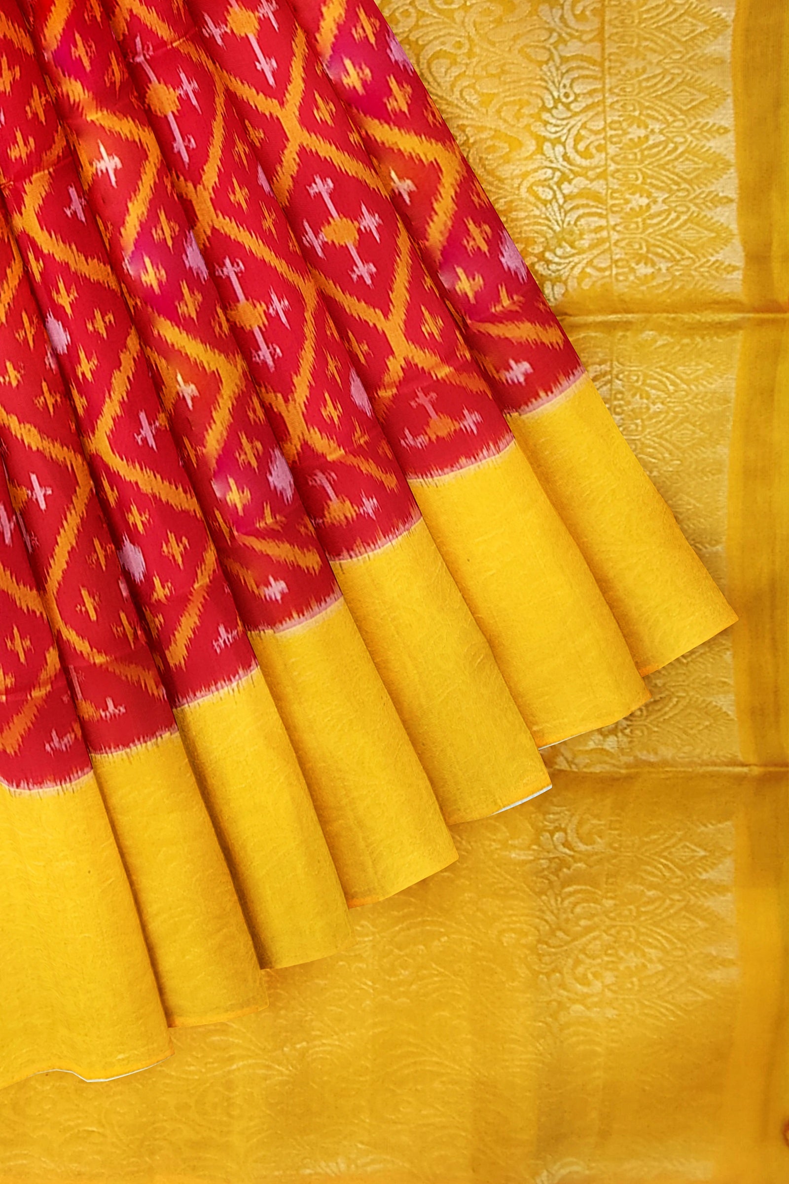 Fire red with orange yellow brocade patola soft silk saree