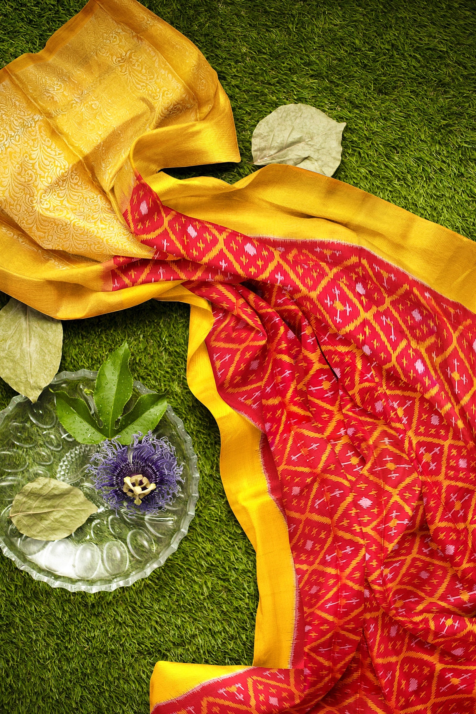 Fire red with orange yellow brocade patola soft silk saree