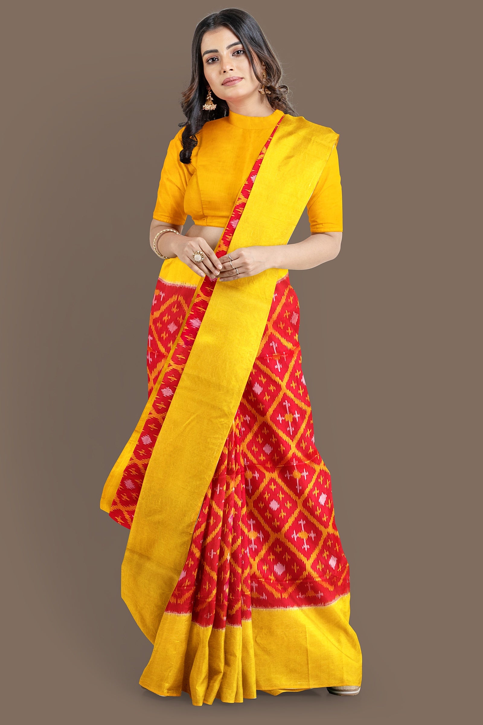 Fire red with orange yellow brocade patola soft silk saree