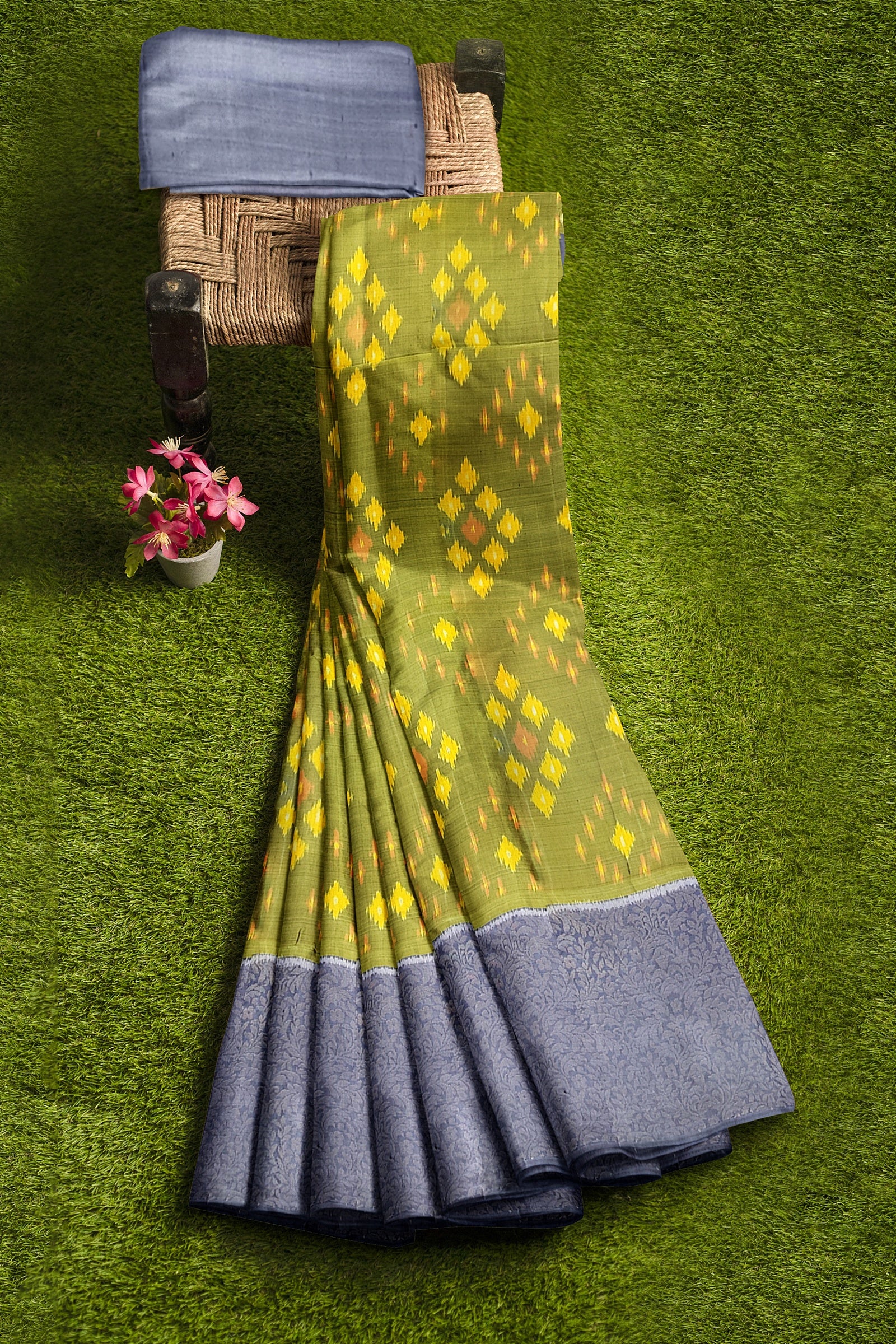 Mehandi green with mid grey brocade patola soft silk saree