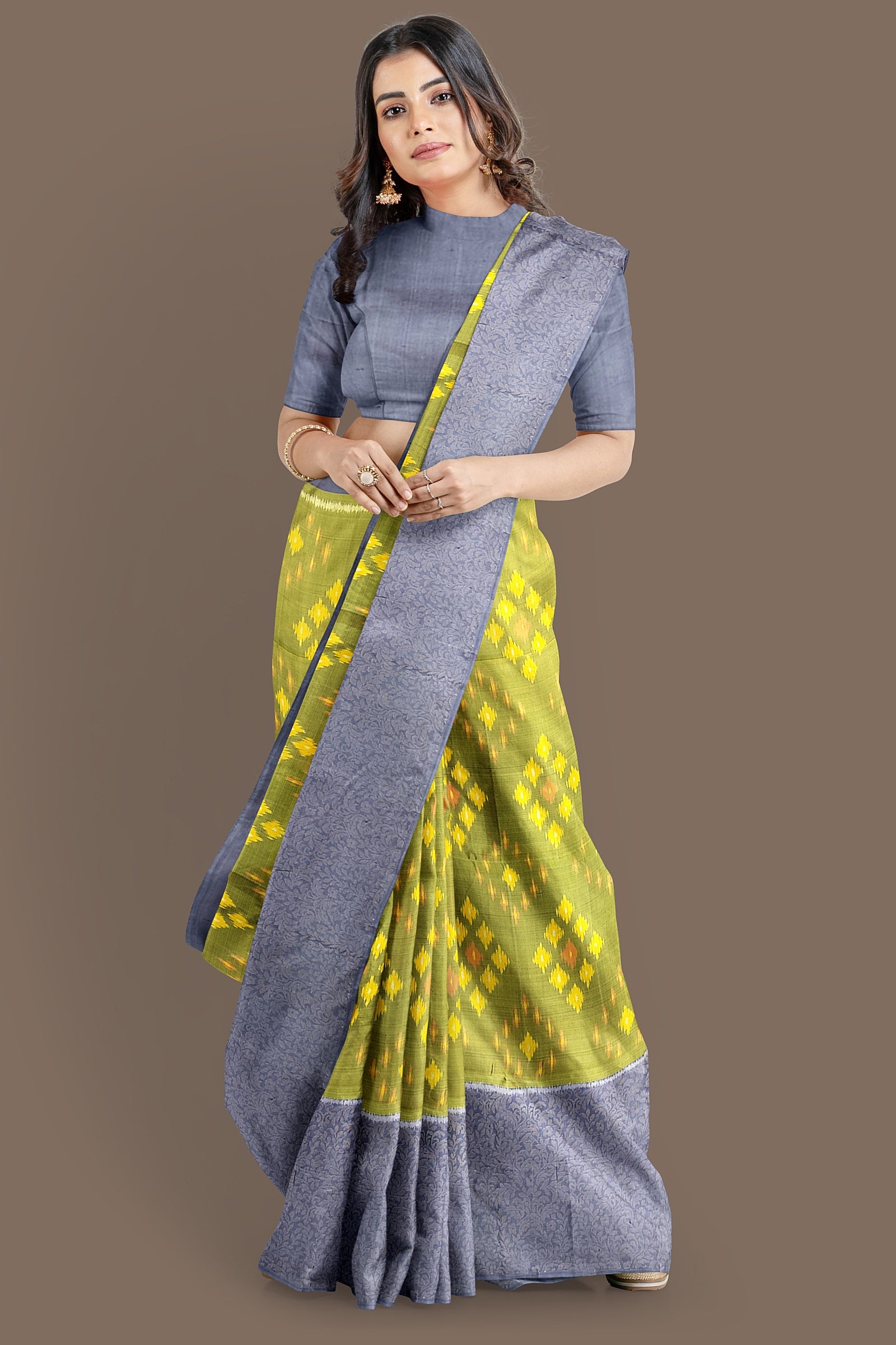 Mehandi green with mid grey brocade patola soft silk saree