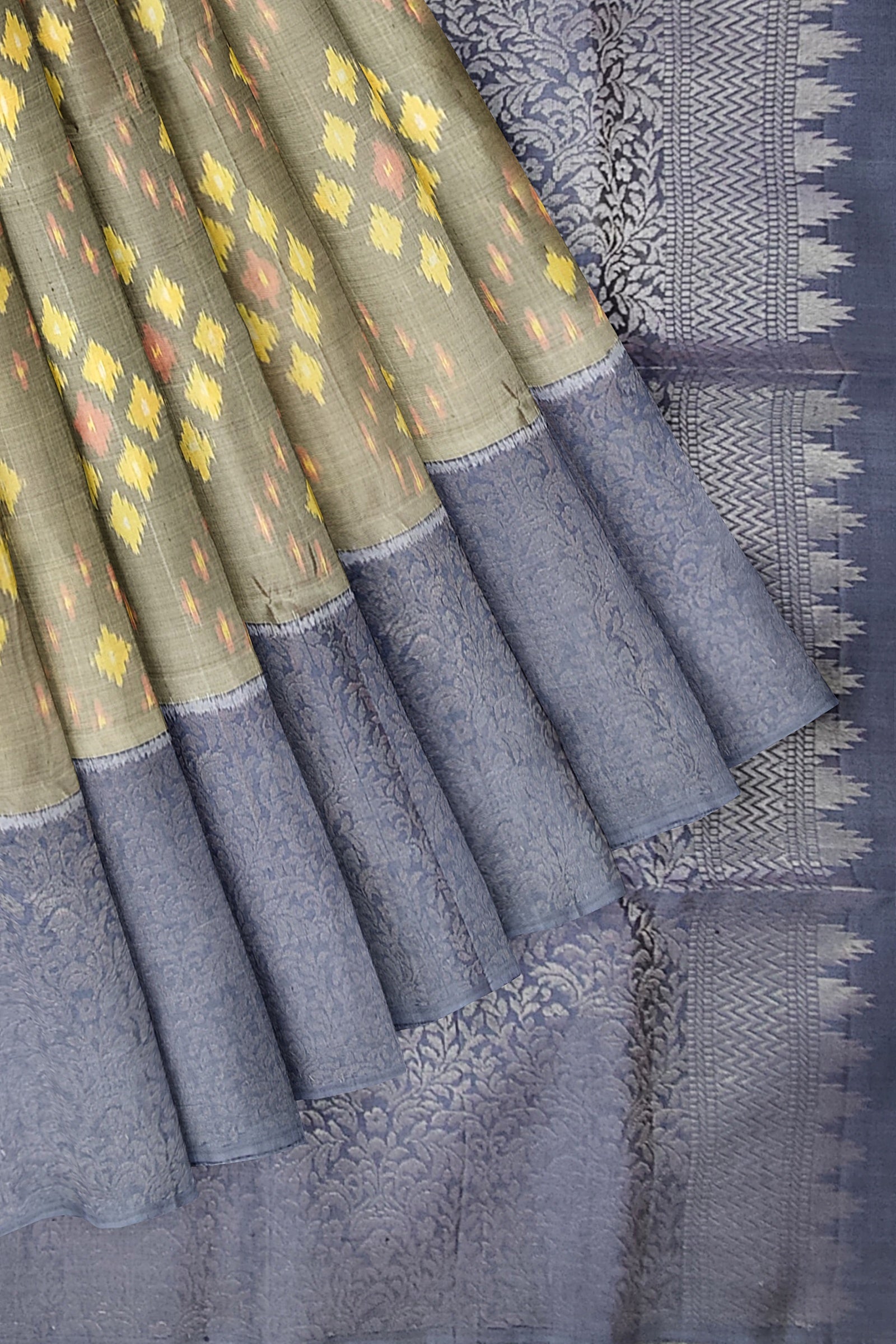 Hampshire gray with mid blue brocade patola soft silk saree