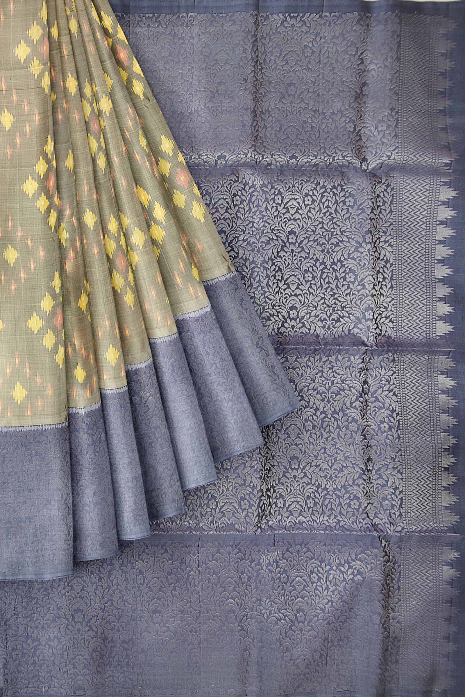 Hampshire gray with mid blue brocade patola soft silk saree