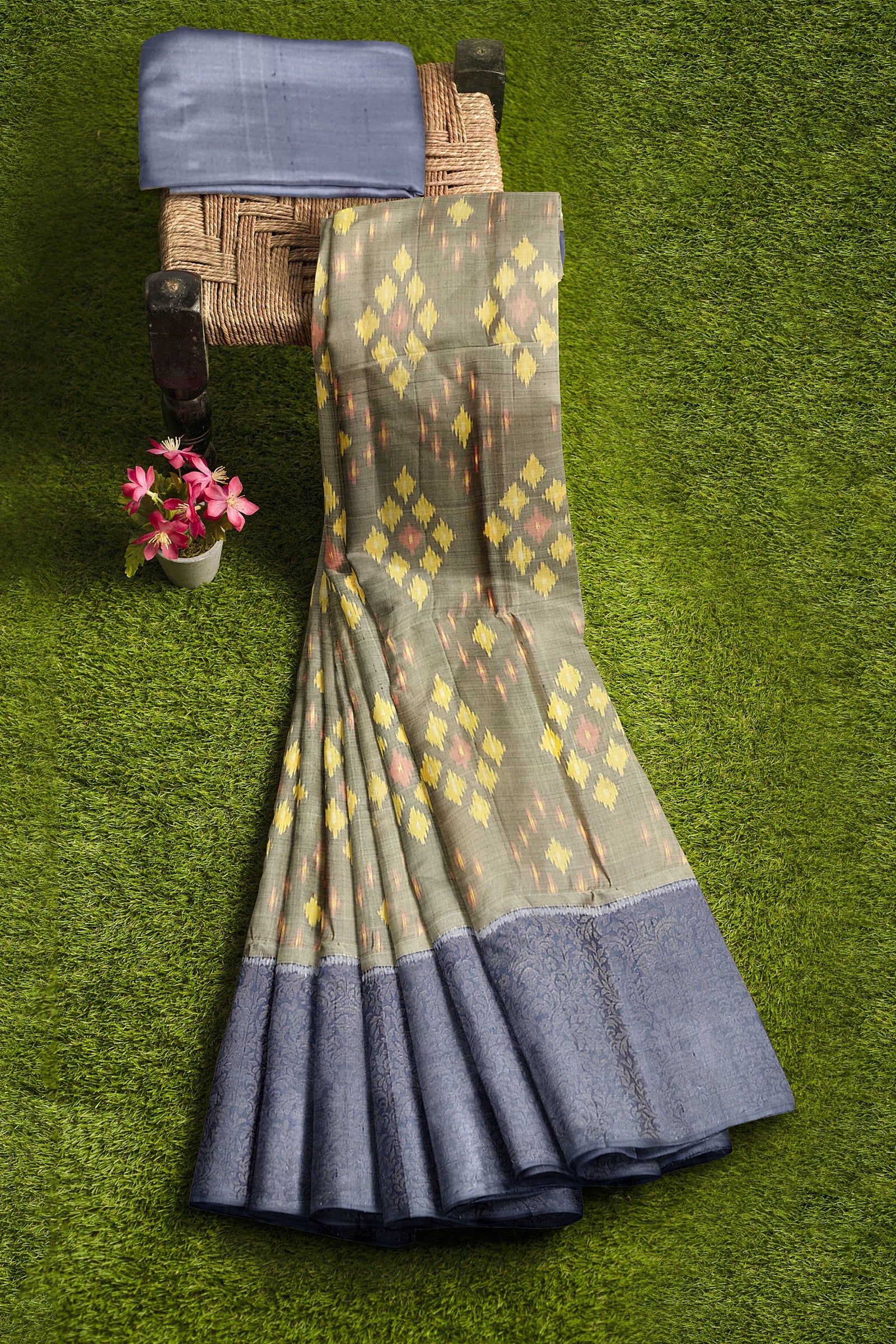 Hampshire gray with mid blue brocade patola soft silk saree