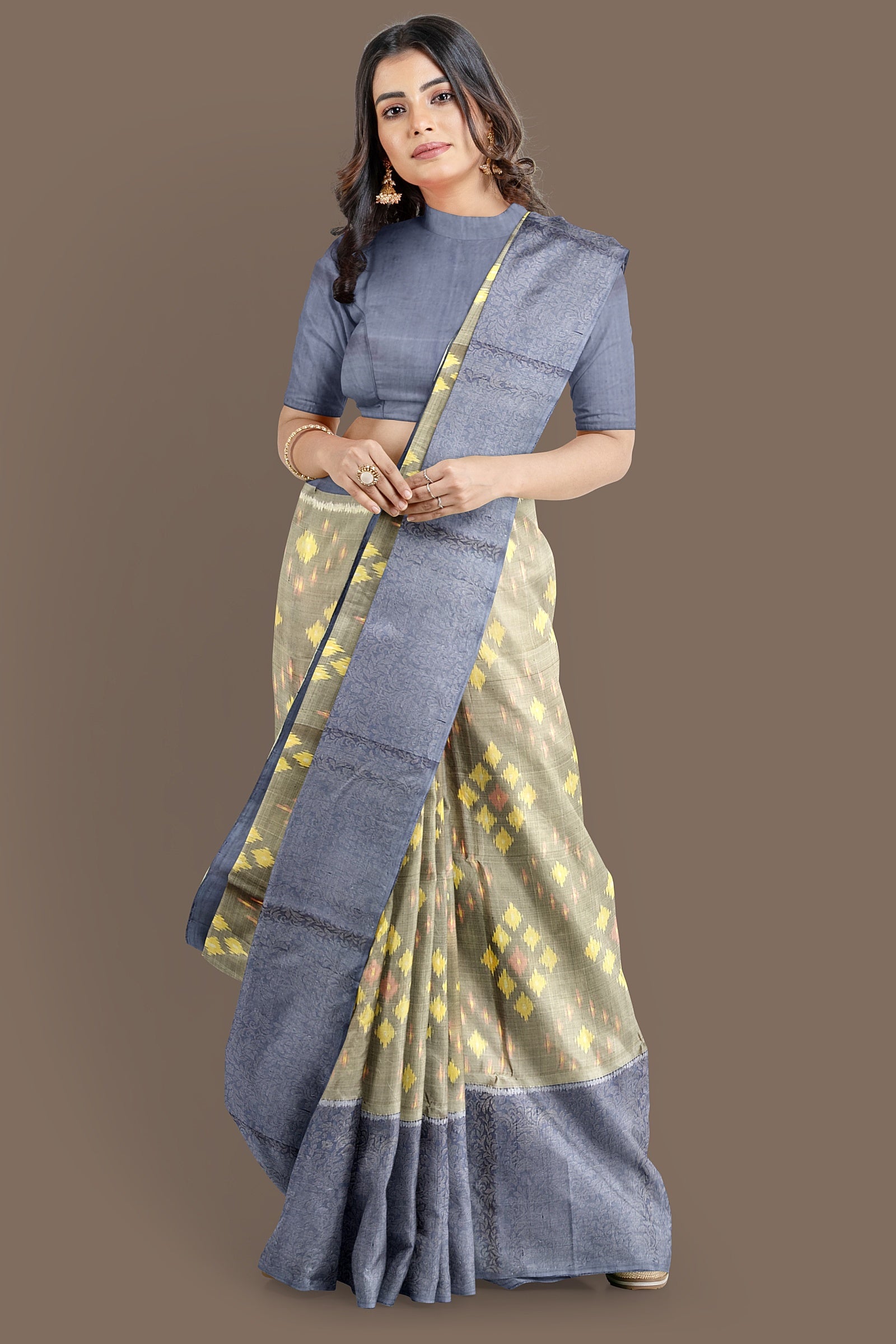 Hampshire gray with mid blue brocade patola soft silk saree