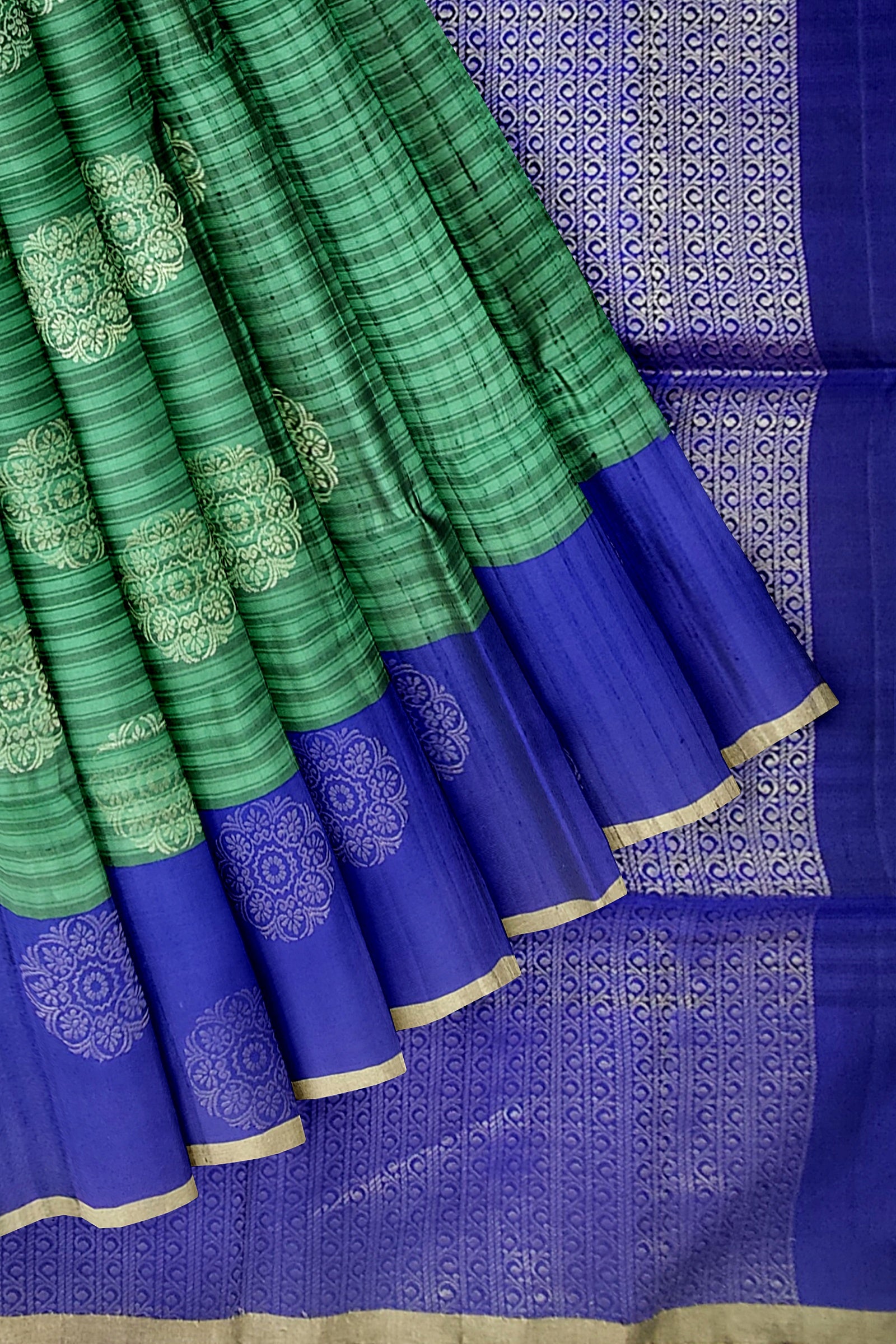 Pine green with royal blue soft silk saree