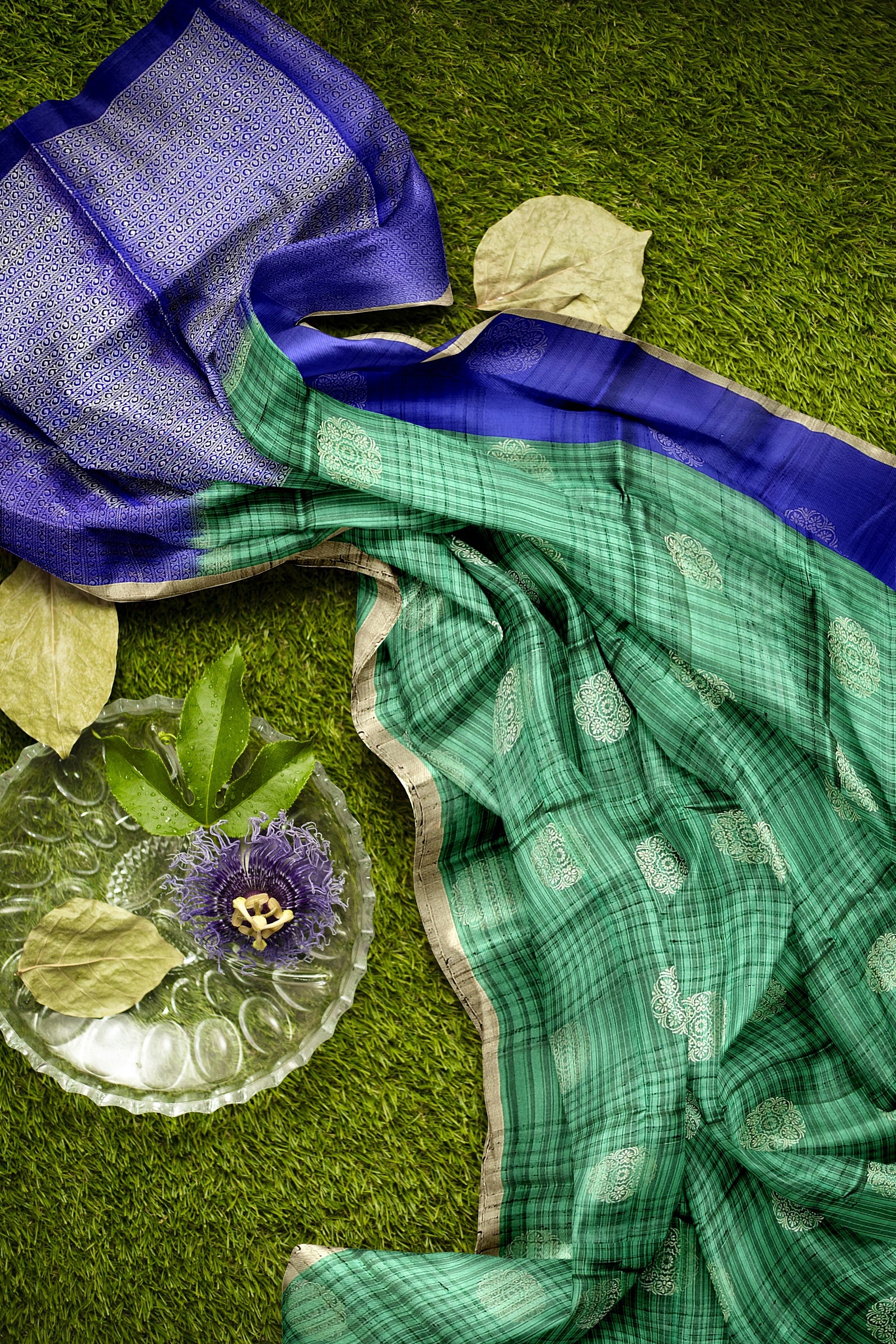 Pine green with royal blue soft silk saree