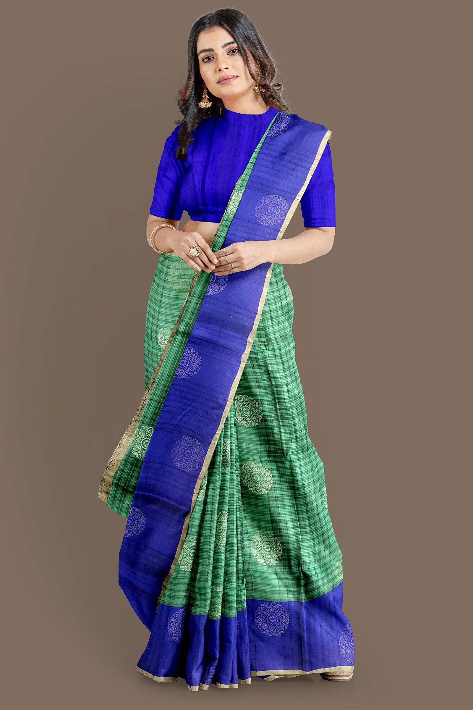 Pine green with royal blue soft silk saree