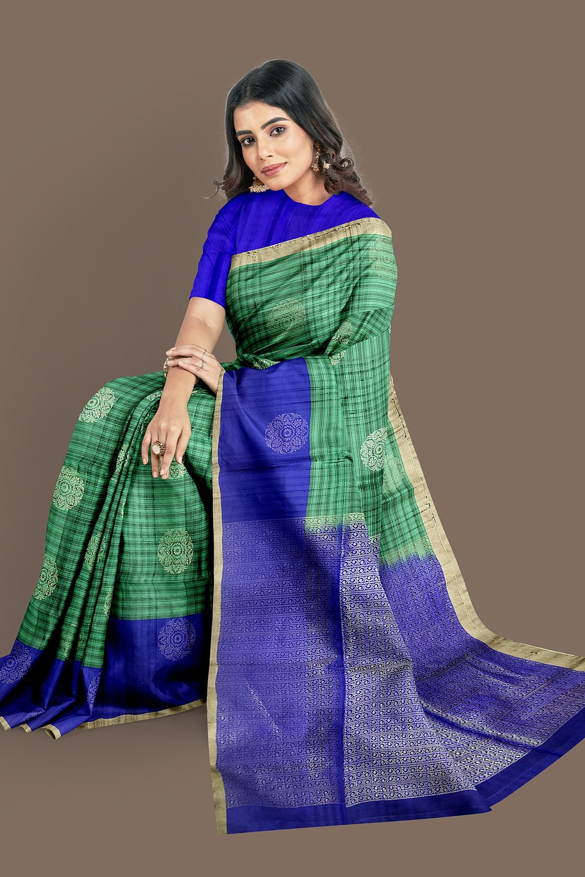 Pine green with royal blue soft silk saree - MIRASILKS Pine green with royal blue soft silk saree 