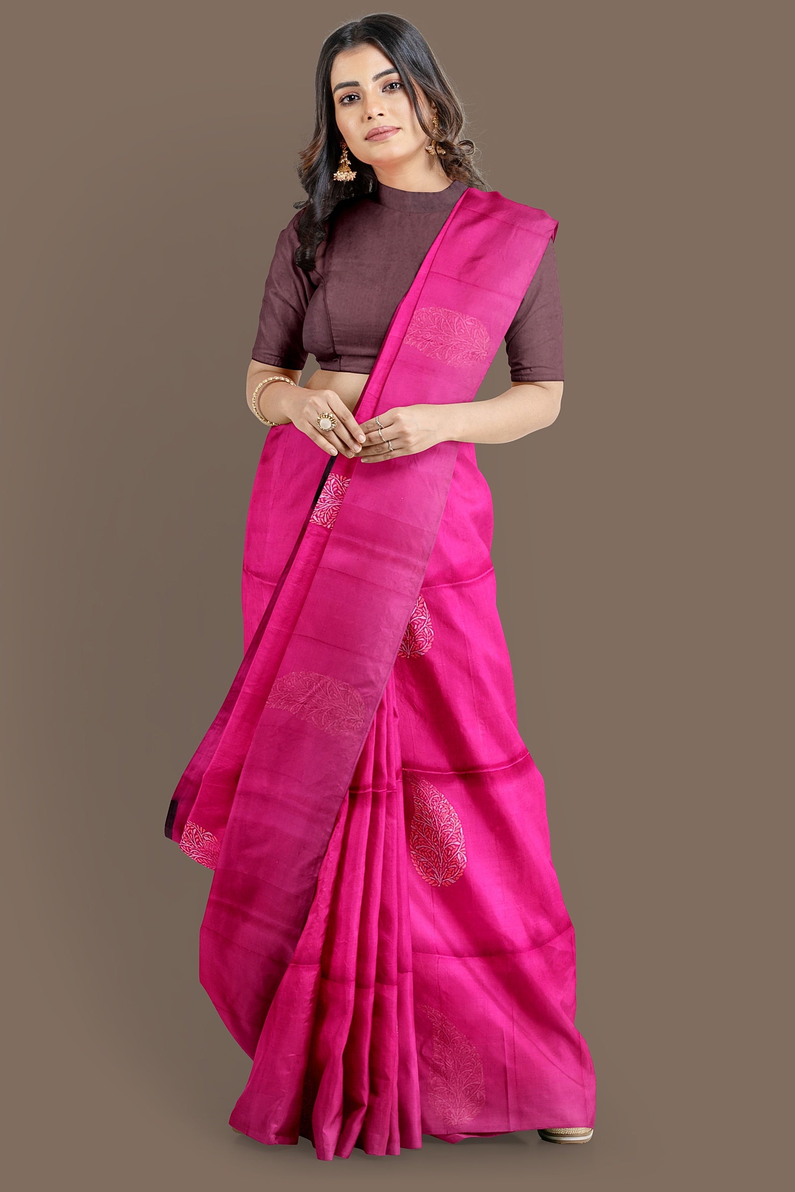 Rouge pink with brown soft silk saree