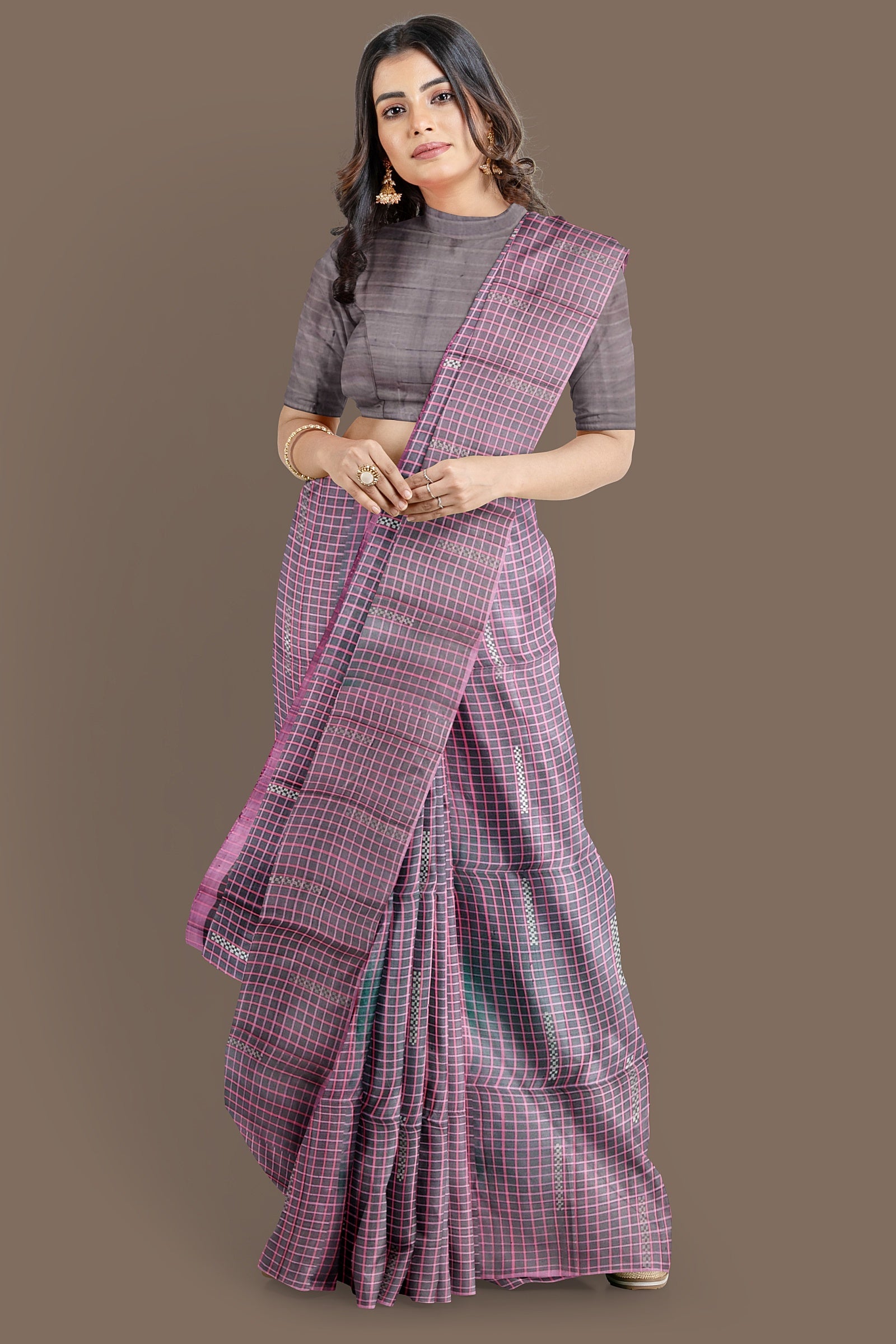 Mocha brown with silver motify on grey soft silk saree