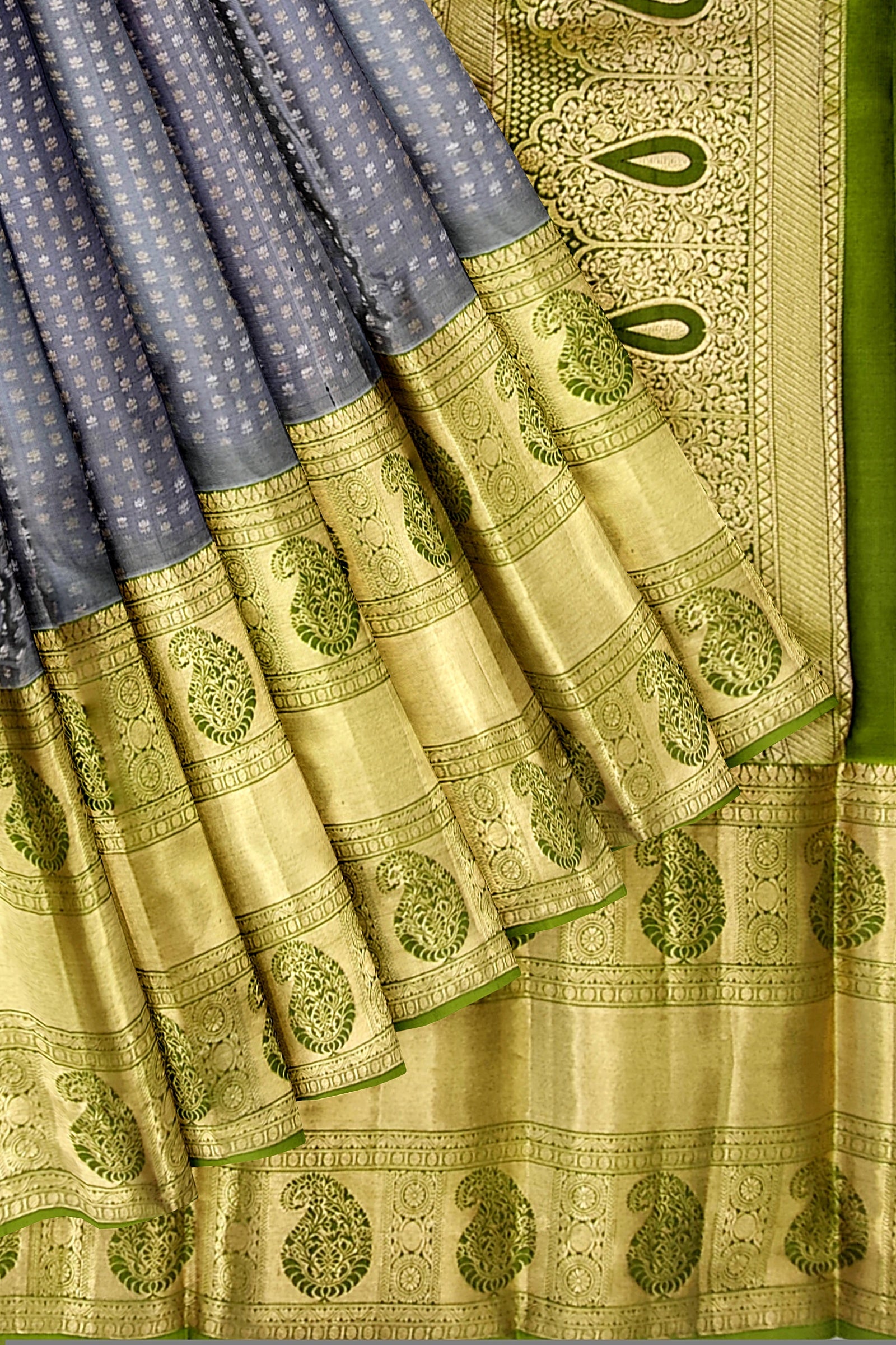 Pewter Grey with green border Kanjivarams silk sari