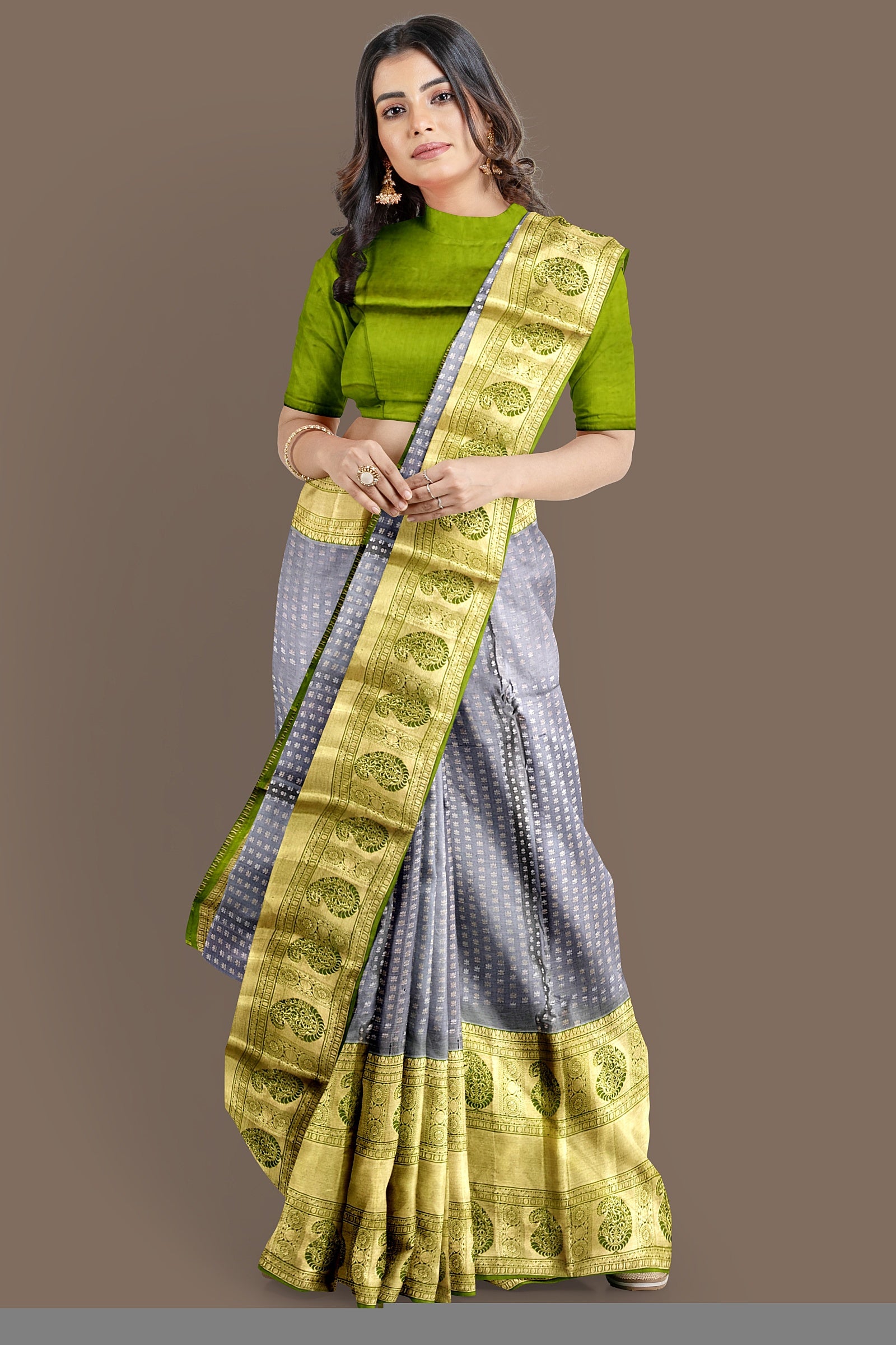 Pewter Grey with green border Kanjivarams silk sari