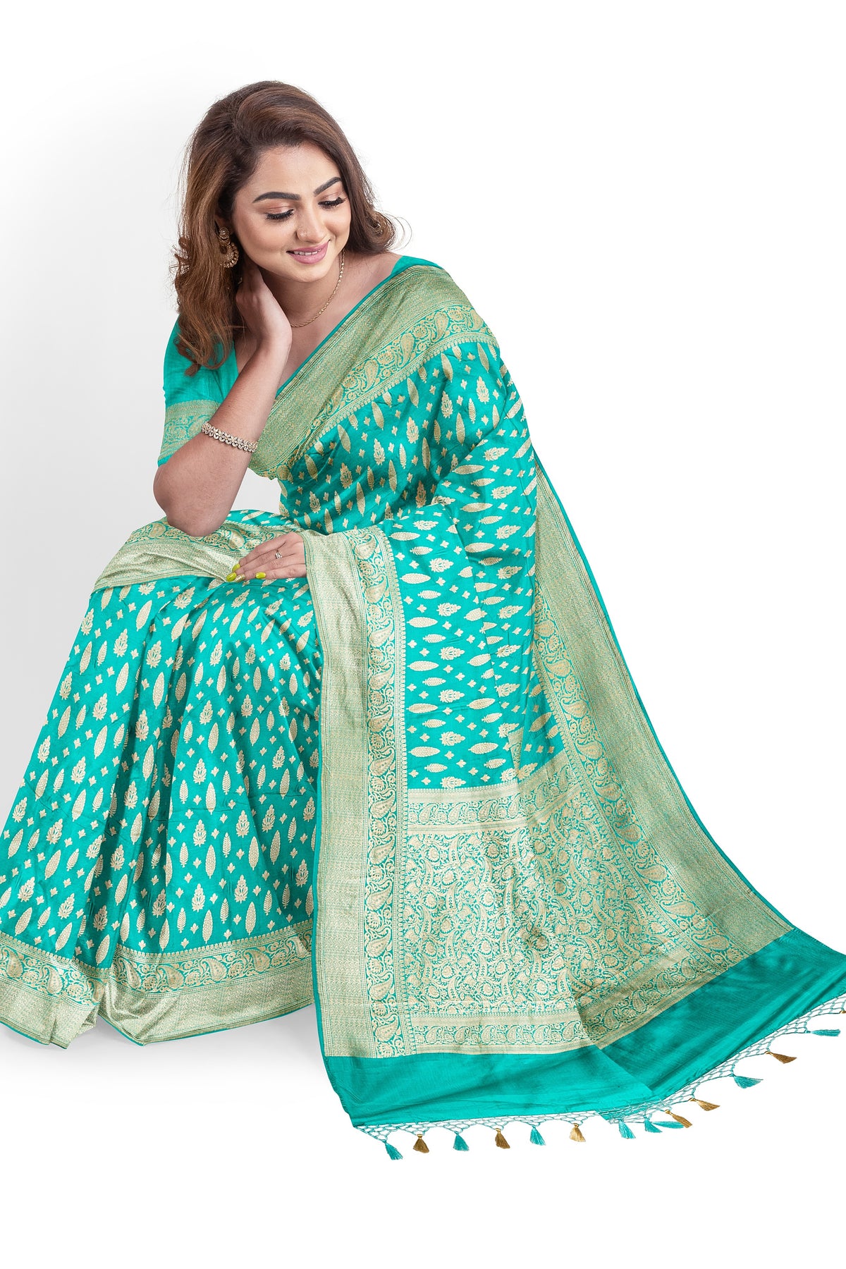 Aquamarine Green Banarasi Katan Jaal Saree