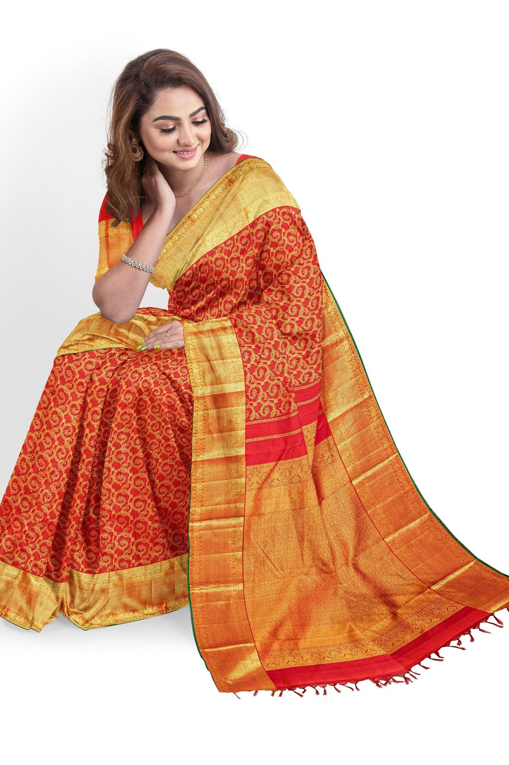 Paprika Red Kanjivaram Saree with Dark Green Border - MIRASILKS Paprika Red Kanjivaram Saree with Dark Green Border 