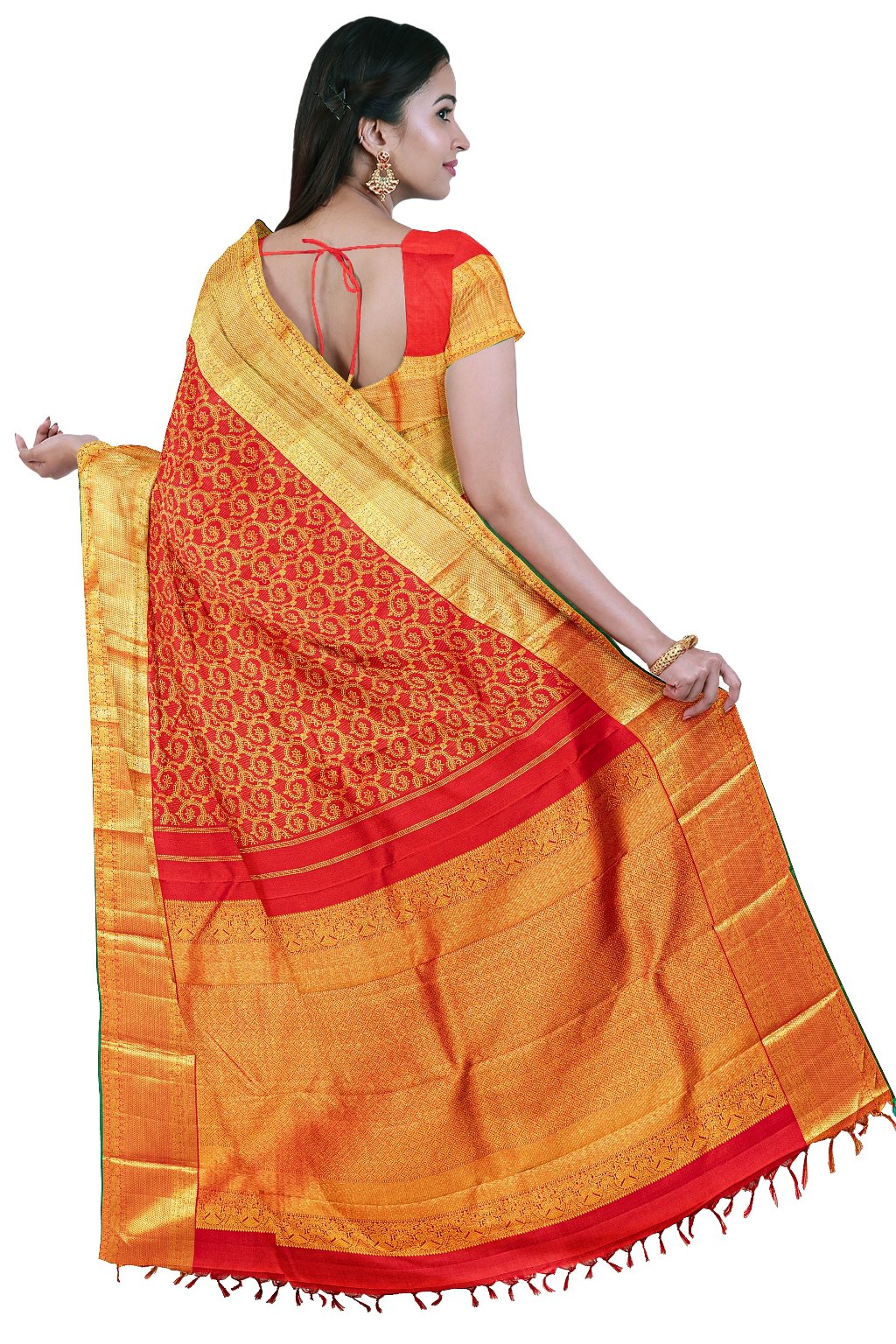 Paprika Red Kanjivaram Saree with Dark Green Border - MIRASILKS Paprika Red Kanjivaram Saree with Dark Green Border 