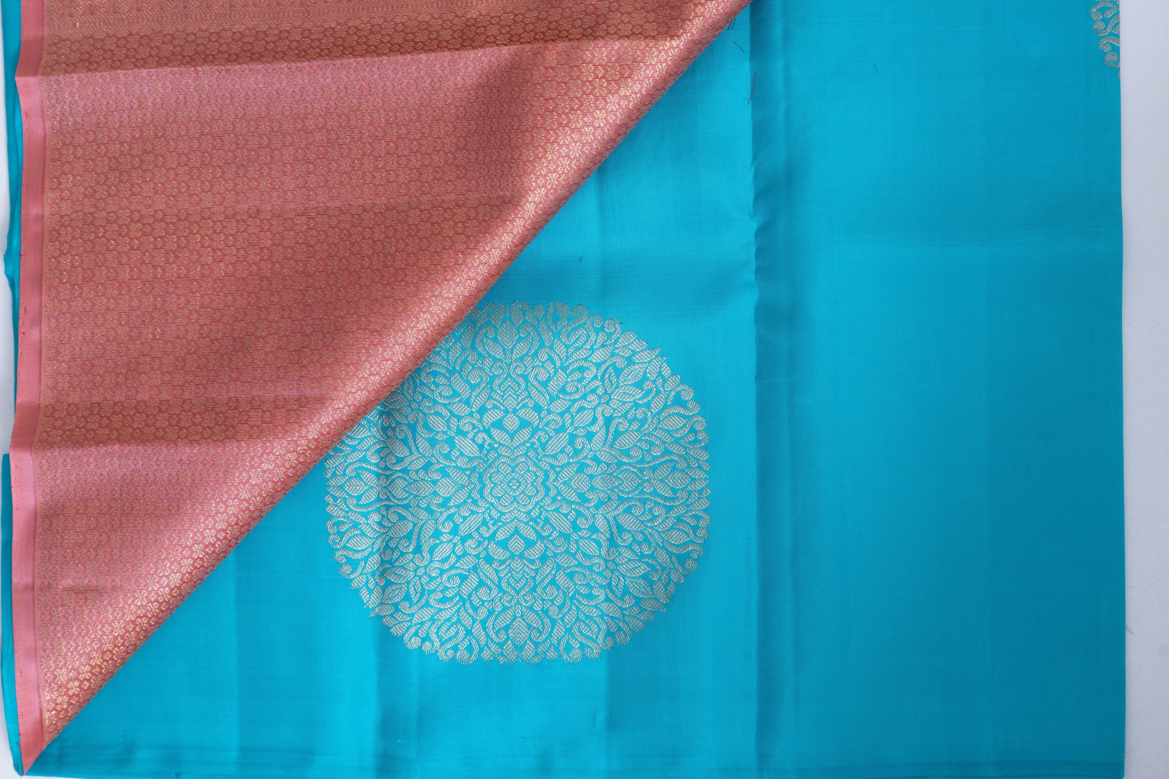 Turquoise Blue Kanjivaram Saree with Coral Pallu