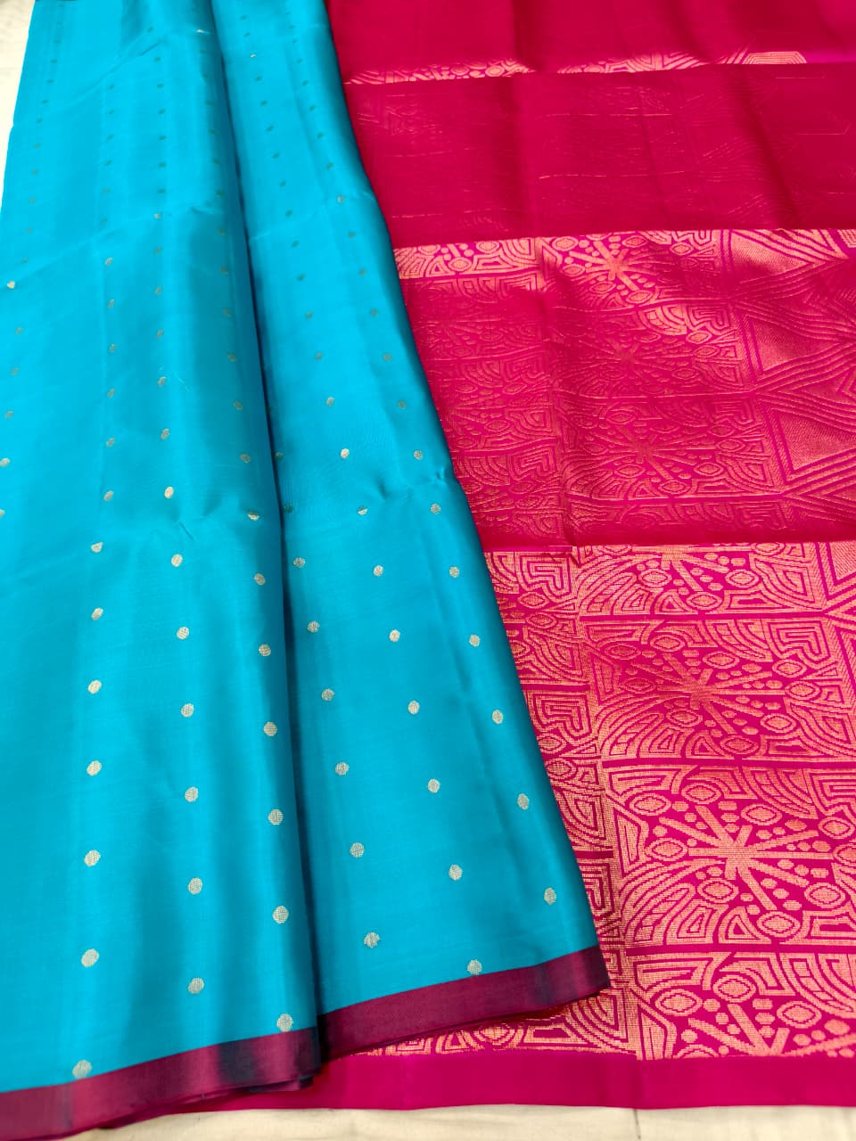 Turquoise Blue Soft Silk Saree with Burnt Pink Floral Pallu