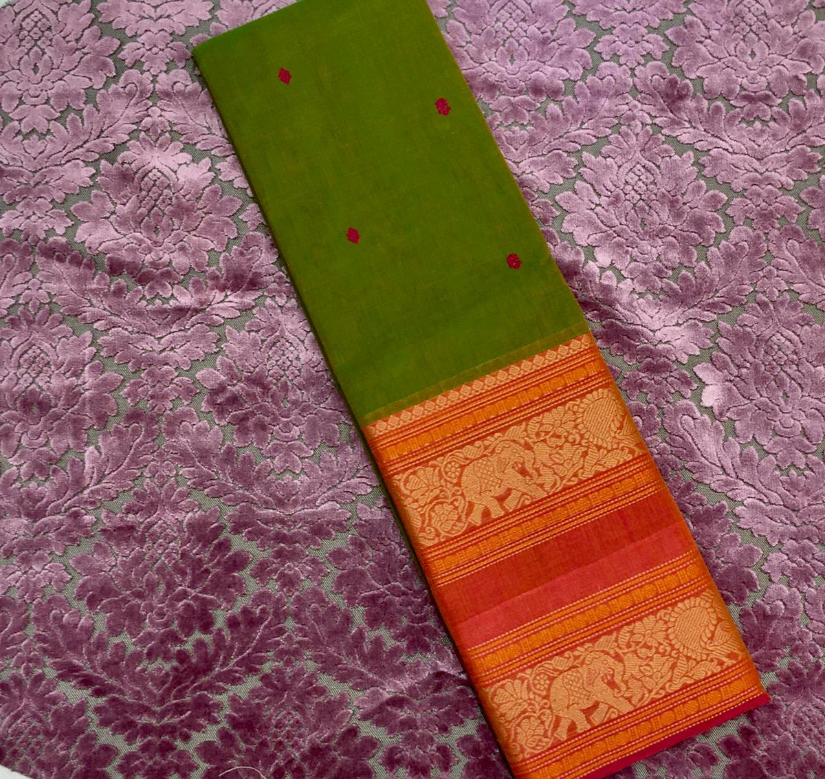 Venom Green Korvai Cotton Saree With Rusty Red Border