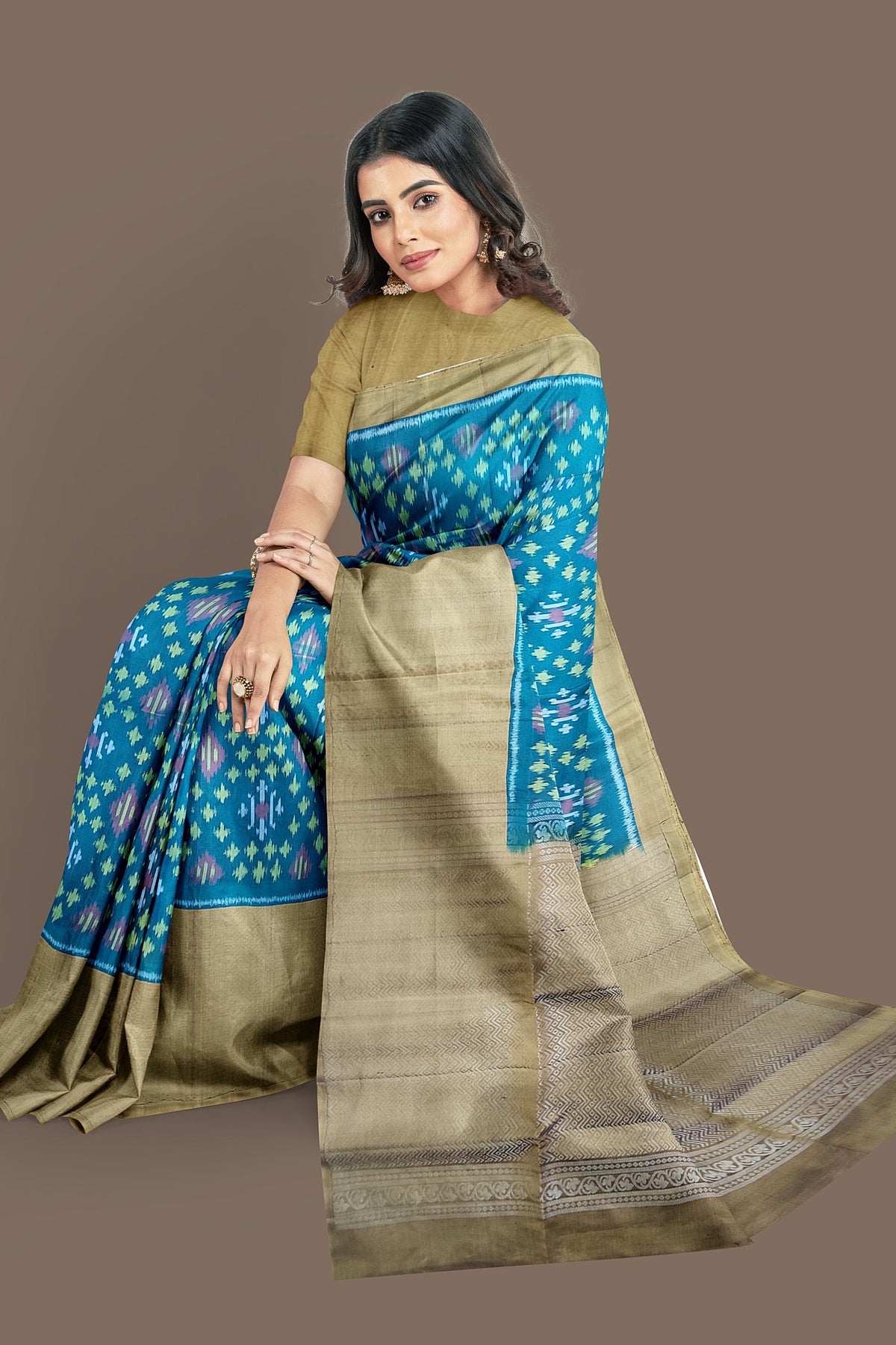 Victorian Teal with sardine gray brocade patola soft silk saree