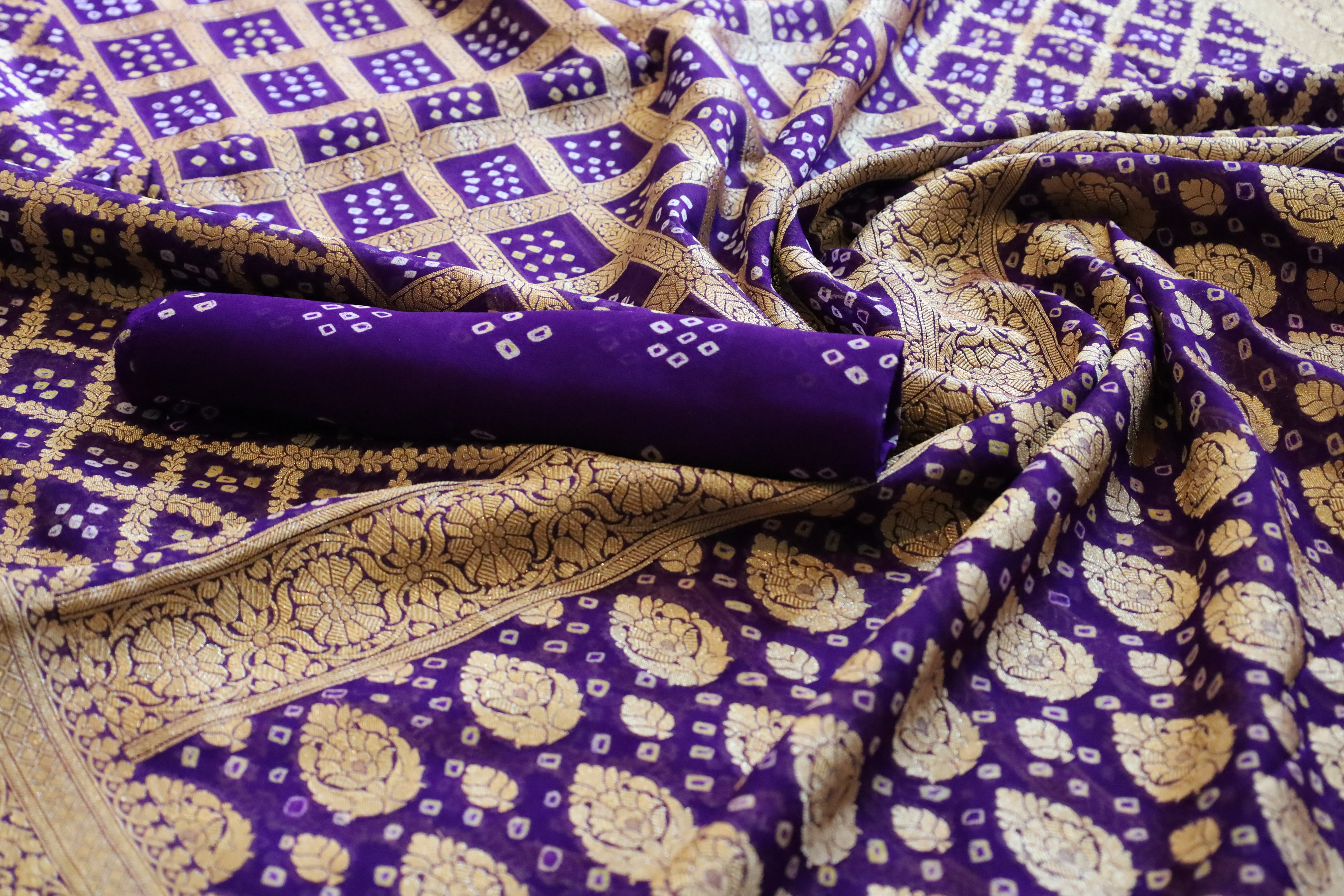 Violet Georgette Bandhini Design Banarasi Saree