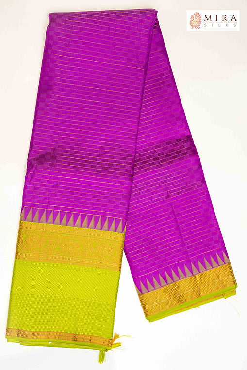 violet sari with green temple kanjivaram sari