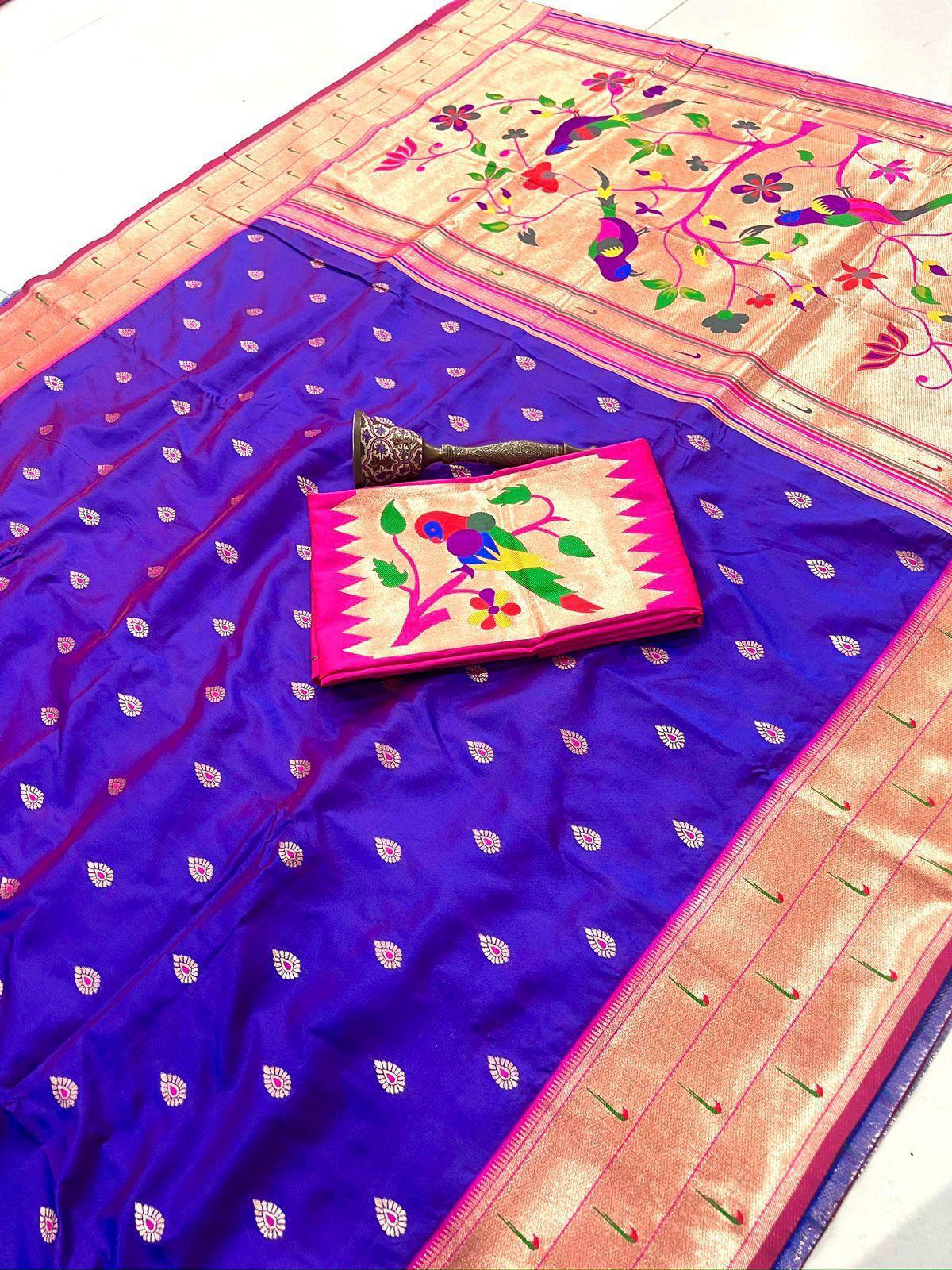 Violet Semi Silk Saree with Gold Zari Floral Pallu