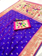 Violet Semi Silk Saree with Gold Zari Floral Pallu