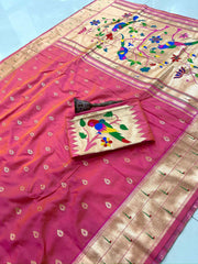 Warm Pink Semi Silk Saree with Gold Zari Floral Pallu