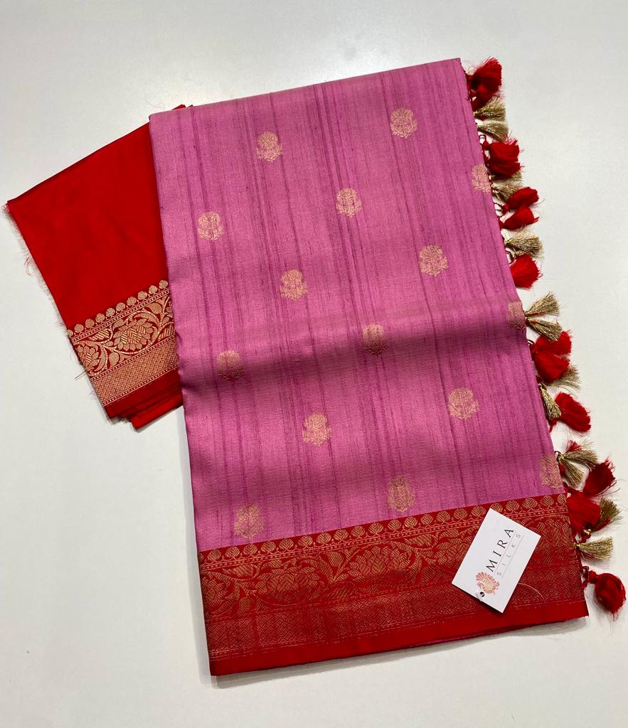 Tulip Pink with Guardsman Red Border Benares Tussar Saree