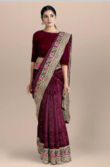 Rose Wood Red with Gold and Floral Border Benares Tussar Saree