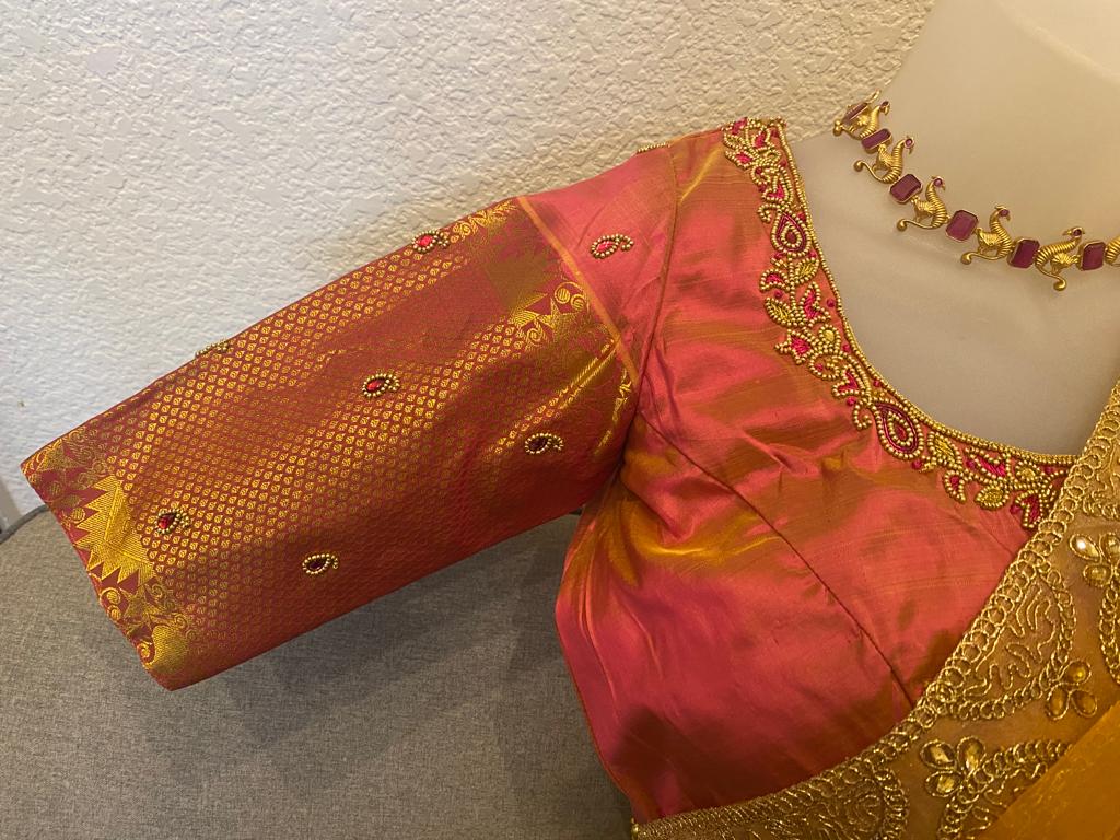 Yellow and Pink Pure Silk half Saree