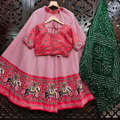 Pink and Bottle green semi Silk lehenga