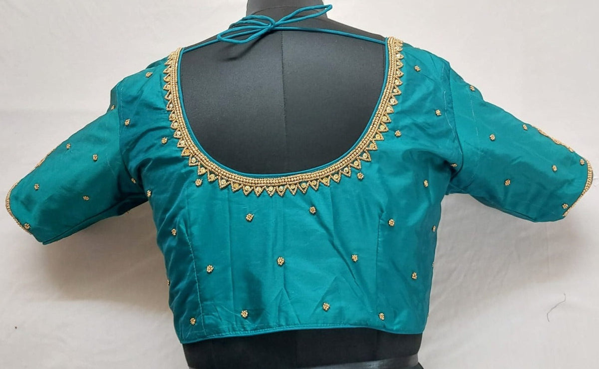 Peacock Green Blouse with Golden Aari Work