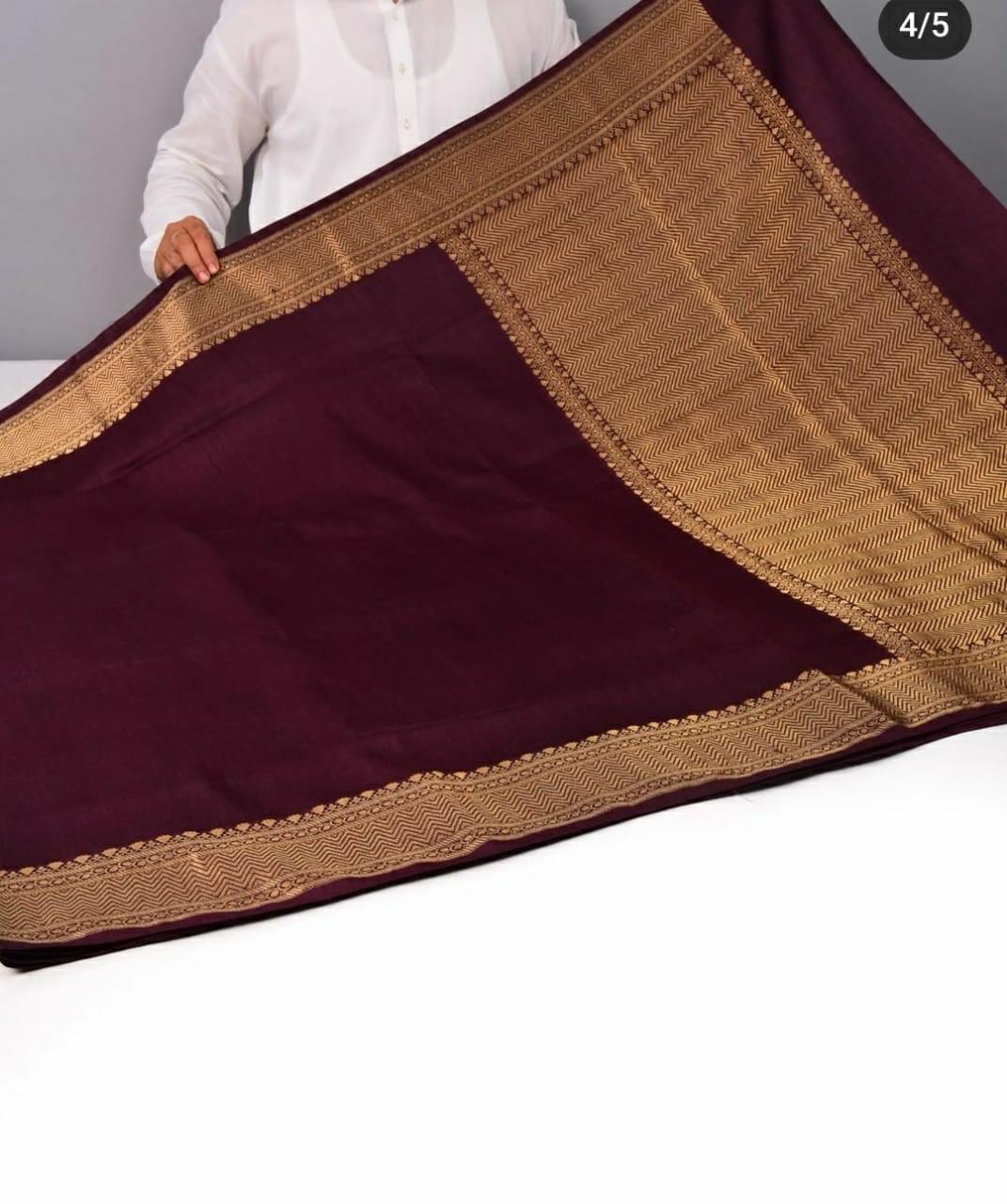 Wine Plain Banaras Saree With Gold Zari Border and Pallu