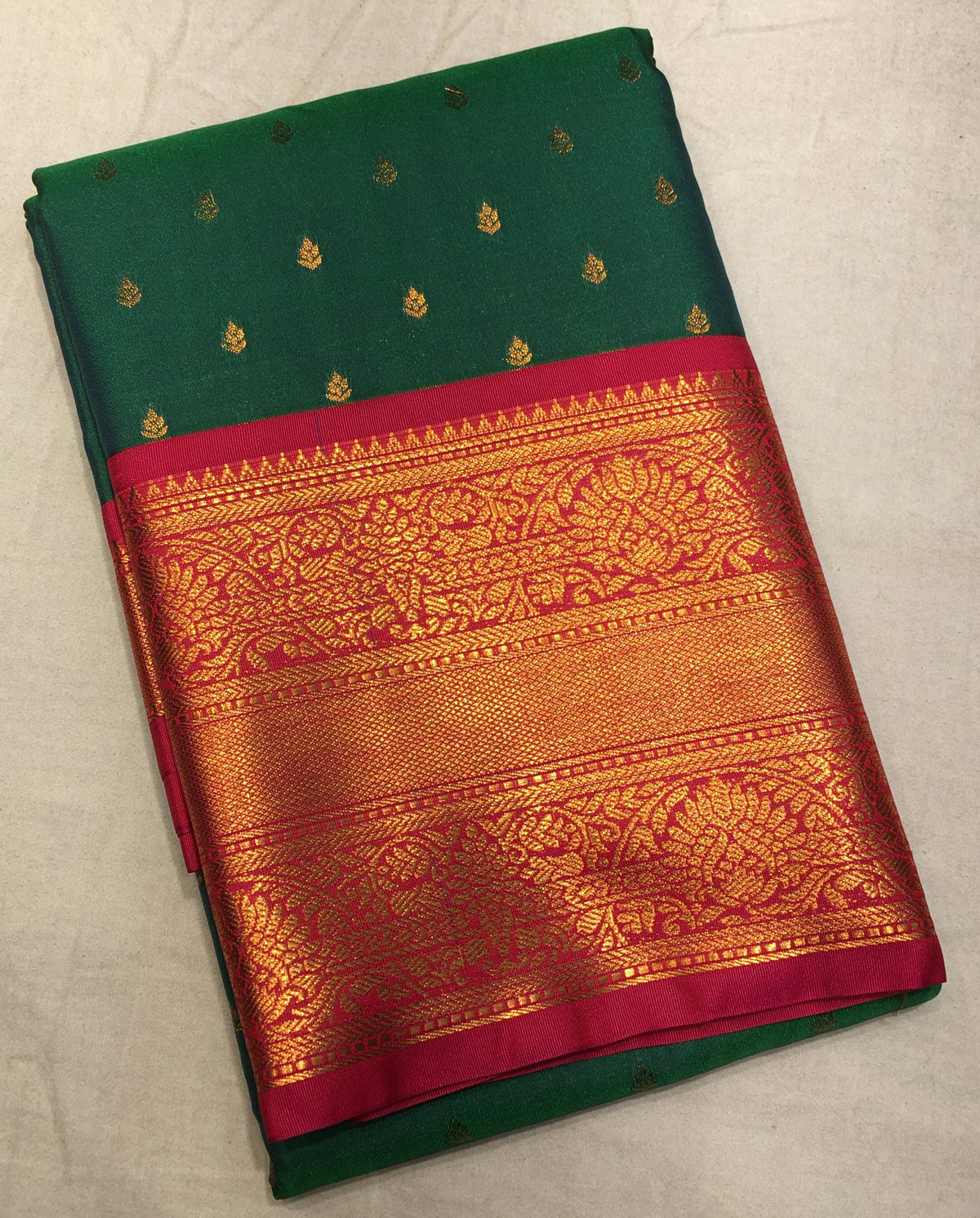 Jungle Green Semi-Silk Saree with Paprika Red Border