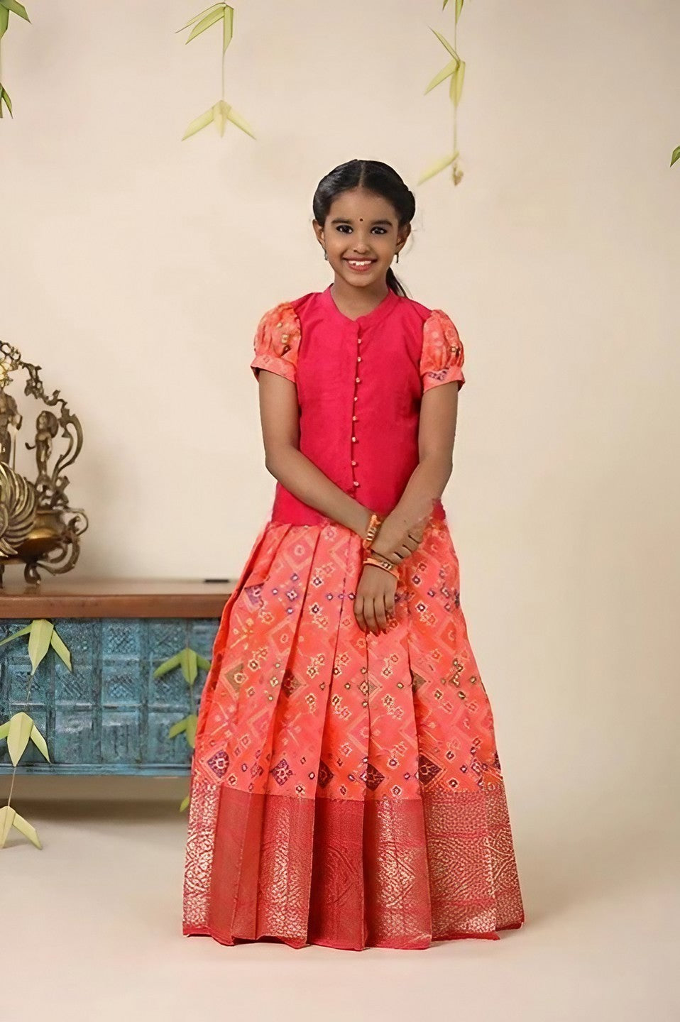 Reddish Orange Pattu Pavadai Set | 14-15 years