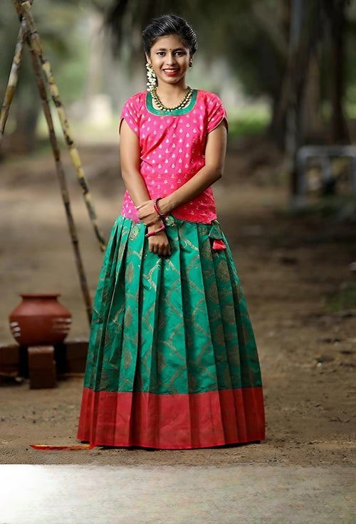 Hot Pink and Bottle Green Pattu Pavadai Set - MIRASILKS Hot Pink and Bottle Green Pattu Pavadai Set 