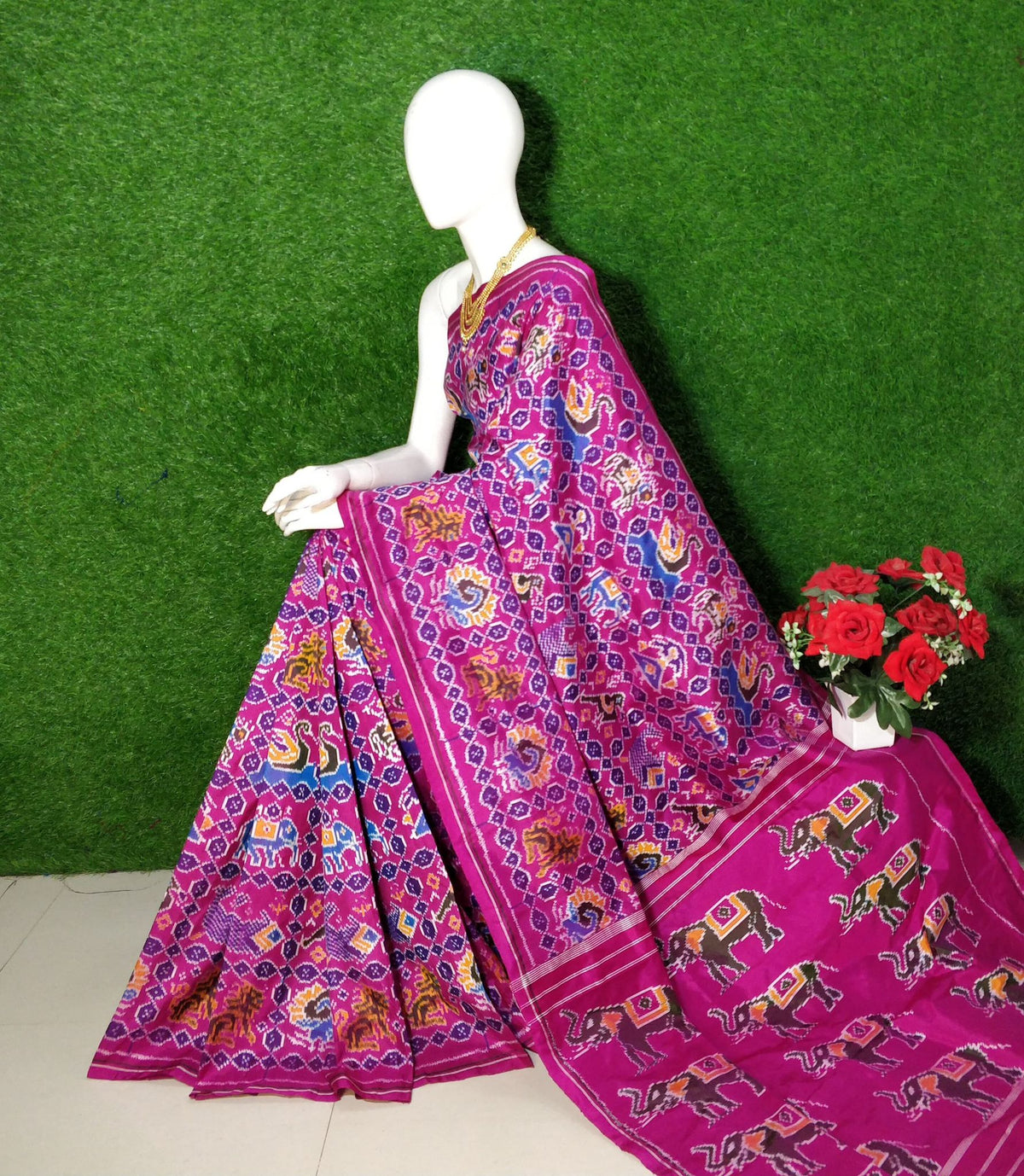 Magenta Patola Silk Saree with Peacock and Elephant Patterns