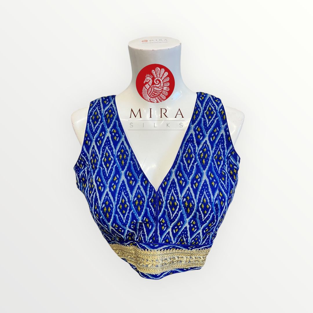 Royal Blue Readymade Blouse with Mirror work and Embroidery and Tassel