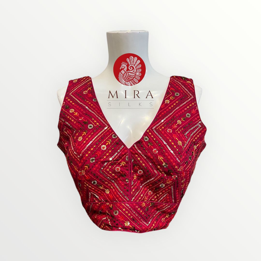 Burgundy Readymade Blouse with Sequins Embroidery and Tassel