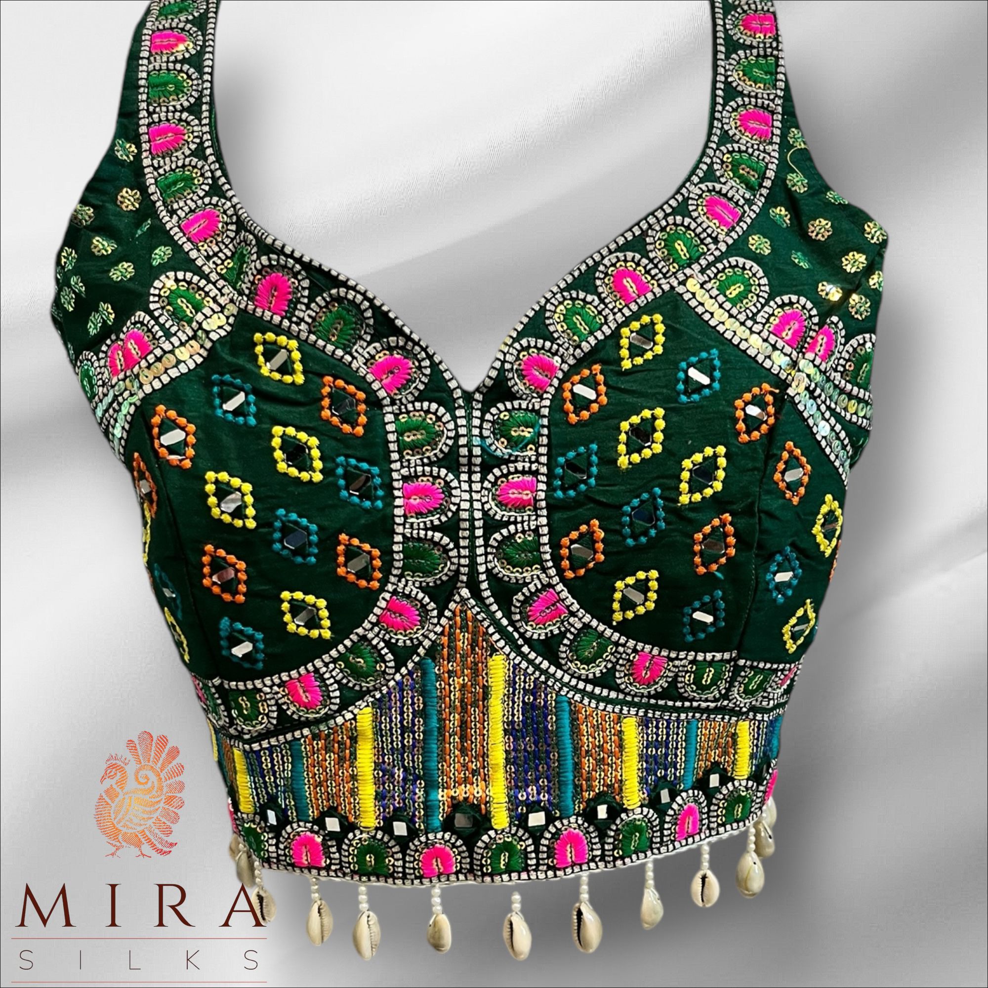 Black Sweetheart Neck Readymade Blouse with Colorful Embroidery and Hanging Beads