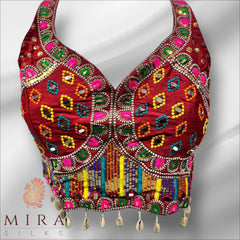 Paprika Red Sweetheart Neck Readymade Blouse with Mirror Work and Colorful Embroidery