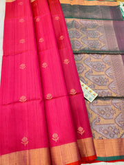 Strawberry pink raw Silk Saree