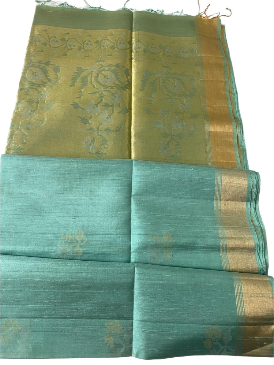 Pale Teal Soft Silk Saree With Olive Green Pallu