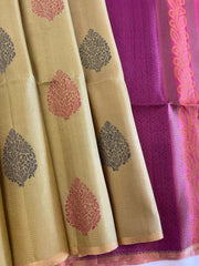 Beige Soft Silk Saree With Warm Purple Pallu